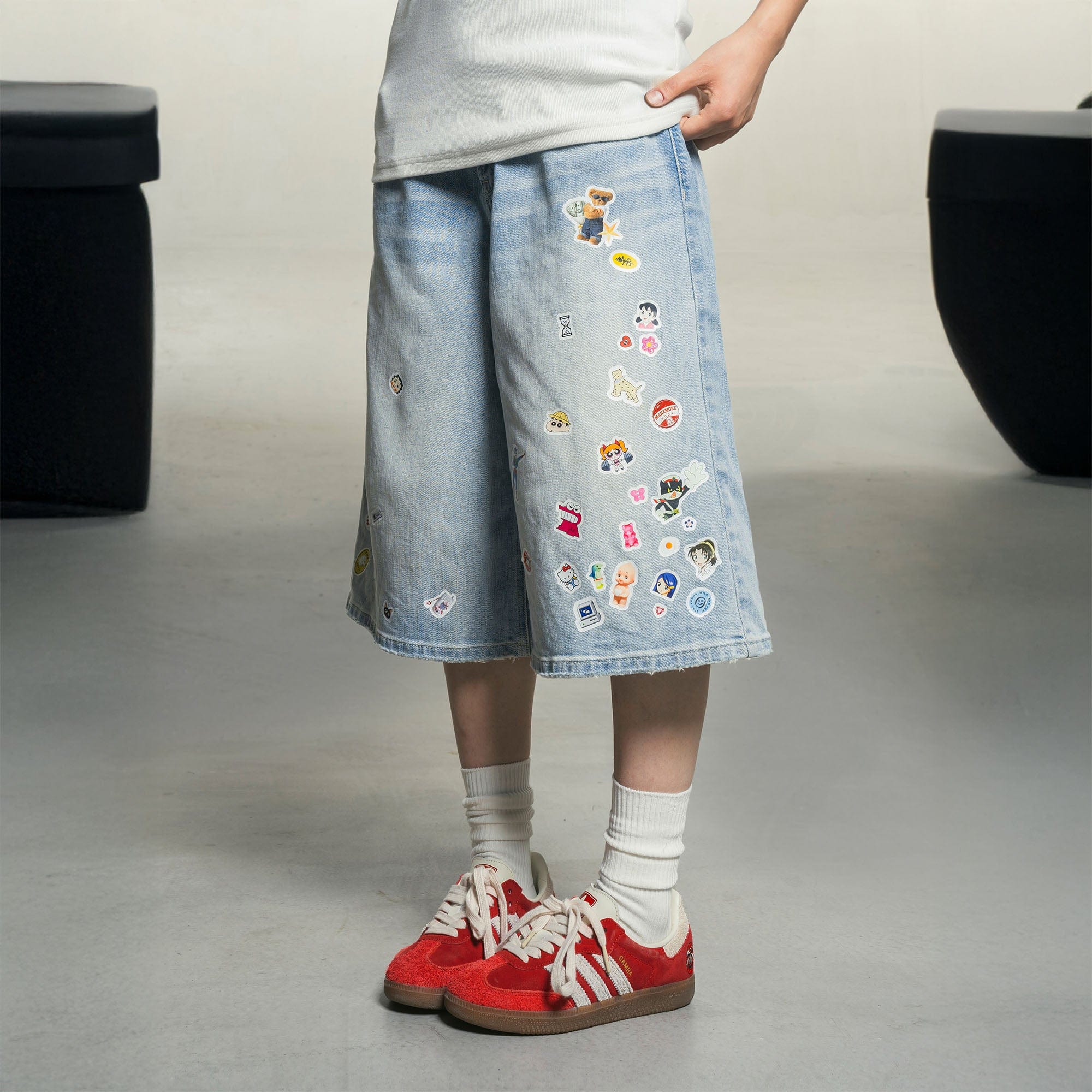MAKEMORE Anime Sticker Washed Denim Shorts, premium urban and streetwear designers apparel on PROJECTISR.com, MAKEMORE