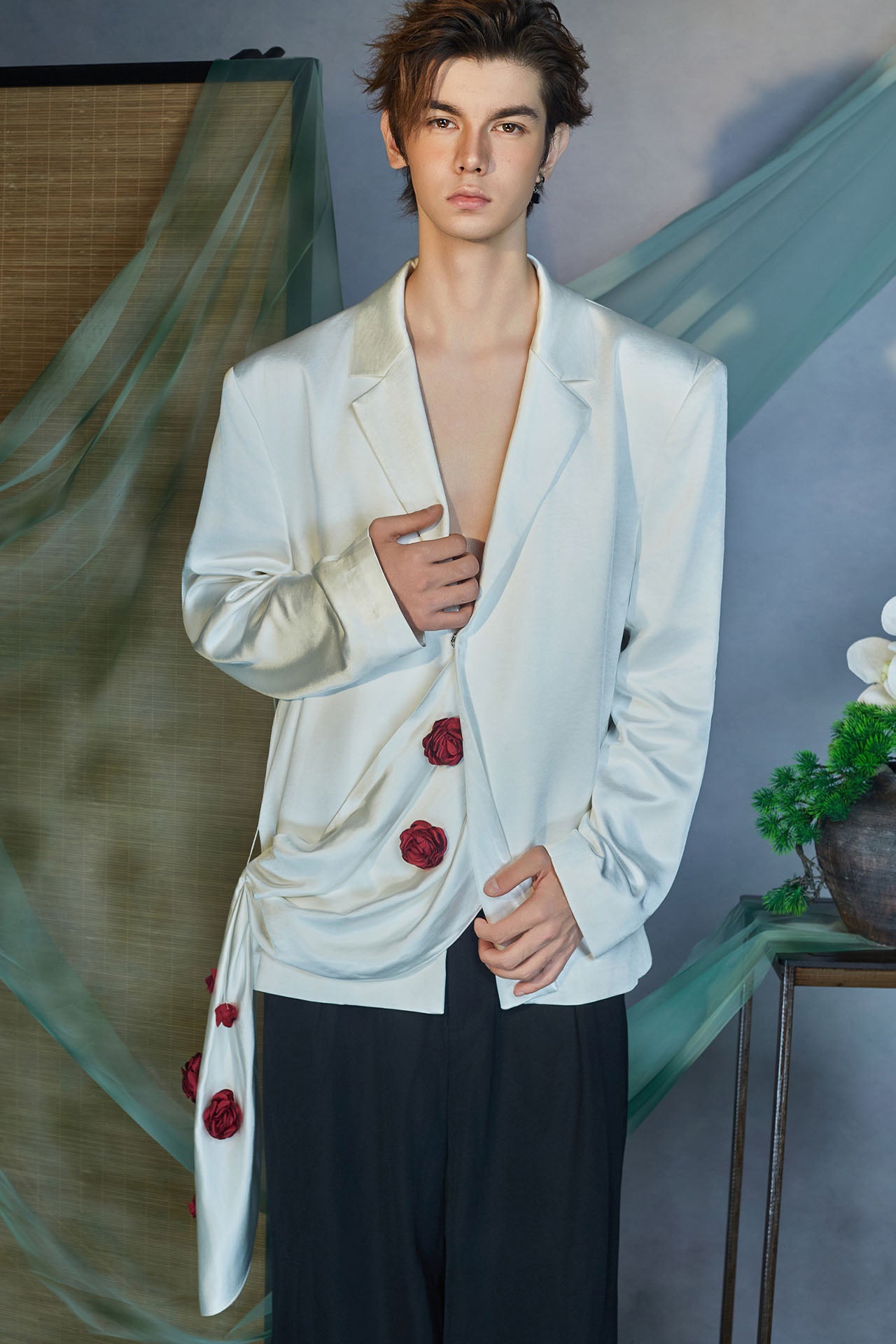 JIECHI Rose Embellished Draped Satin Blazer