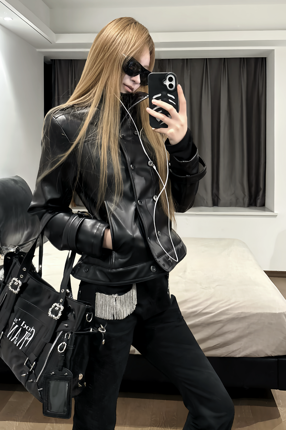 REMODUTION Double-Breasted Cinched Waist Faux Leather Jacket