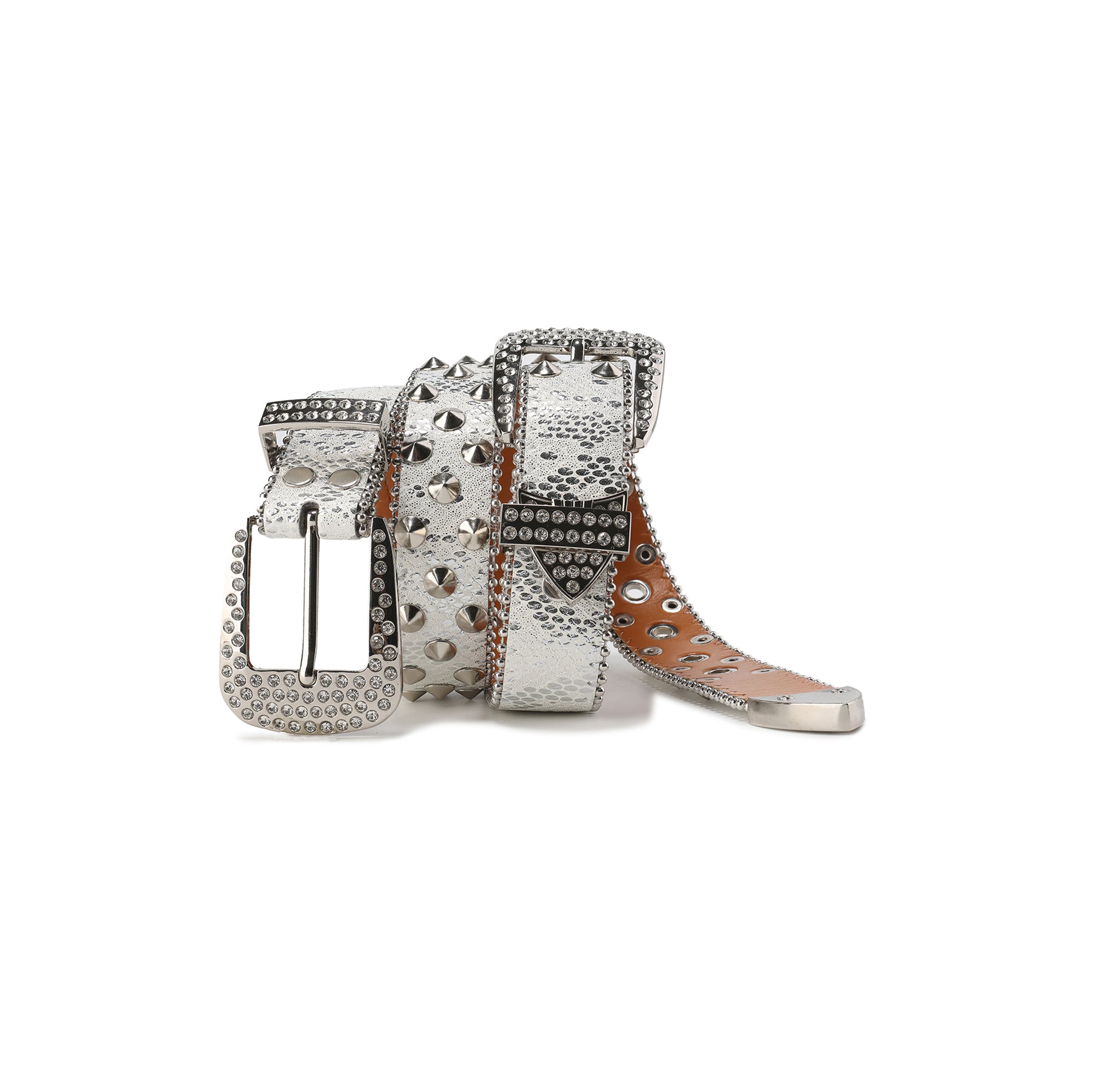 CYCYCY Serpentine Embossed Double Buckle Studded Belt White