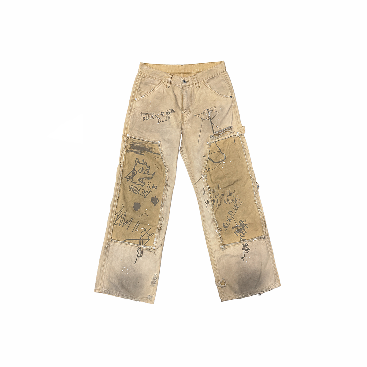 KLICK CLAK Washed Distressed Graffiti Raw Wood Jeans