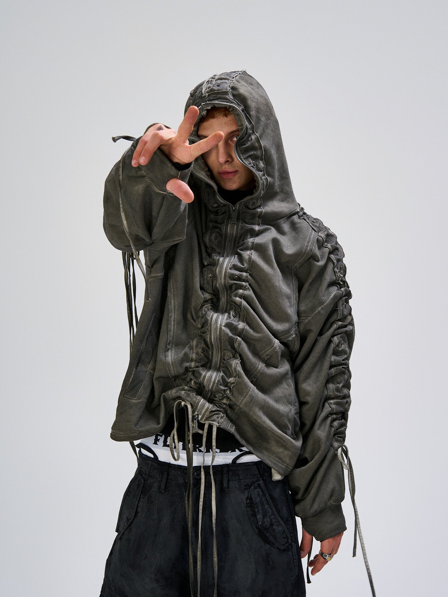 FLYERRER Distressed Drawstring Ruched Hooded Jacket, premium urban and streetwear designers apparel on PROJECTISR.com, FLYERRER