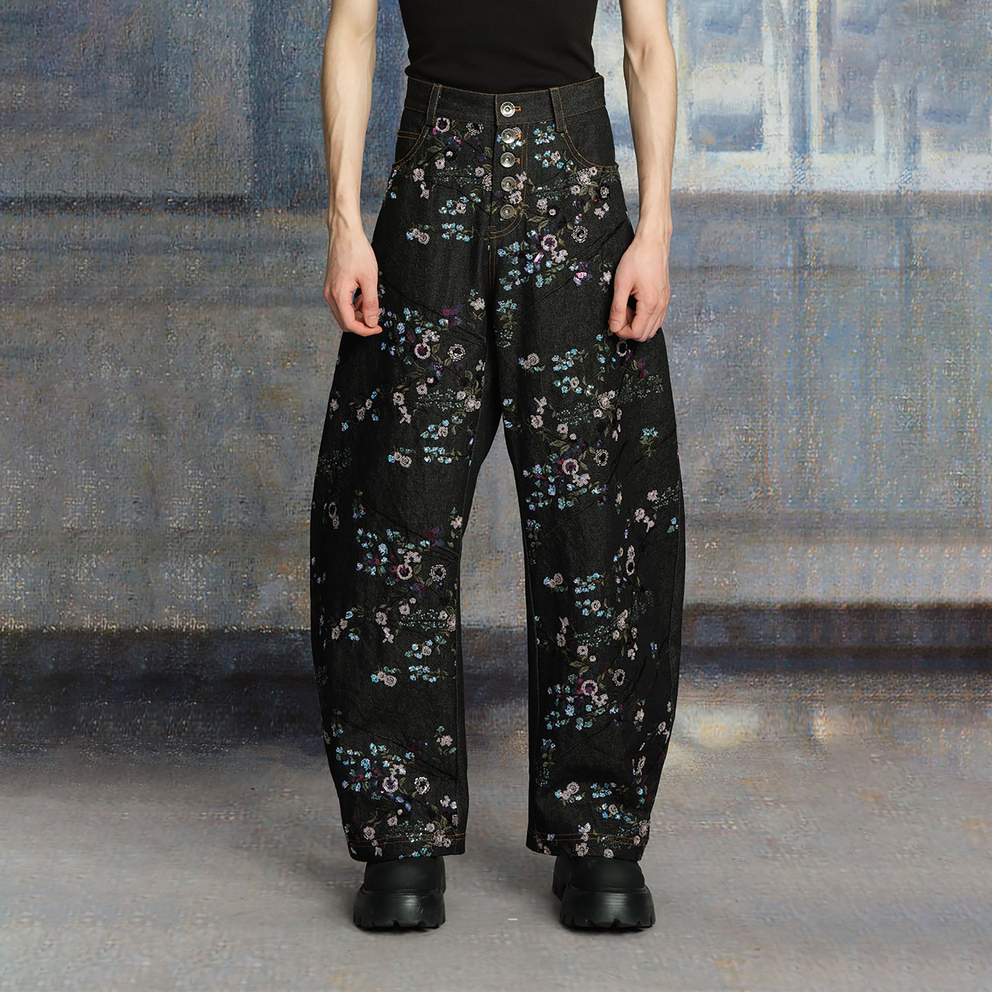 TUIMU Beaded Floral Embroidered Wide-Leg Denim Trousers, premium urban and streetwear designers apparel on PROJECTISR.com, TUIMU