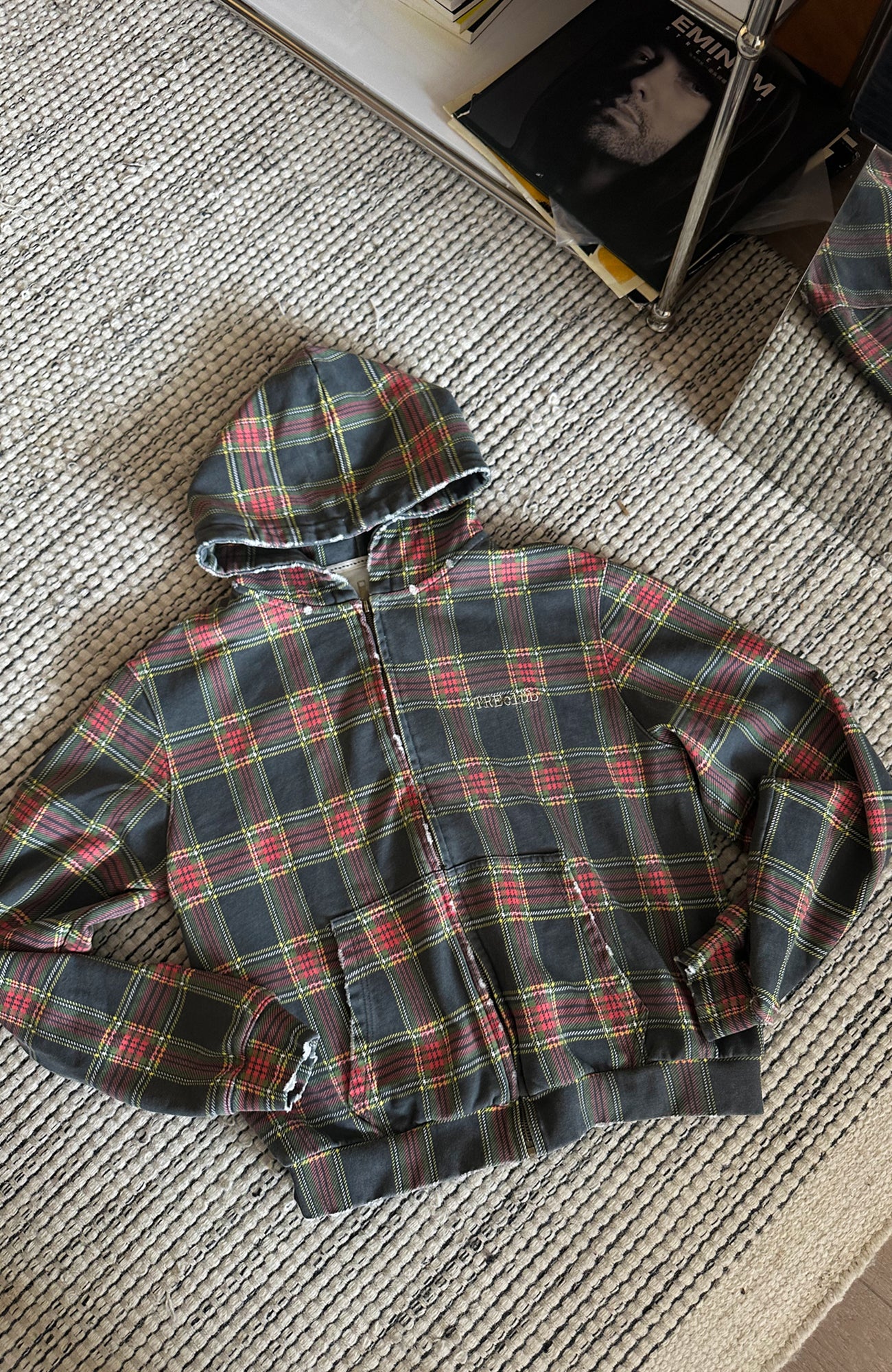 TRECLUB Distressed Plaid Zip-Up Hoodie, premium urban and streetwear designers apparel on PROJECTISR.com, TRECLUB