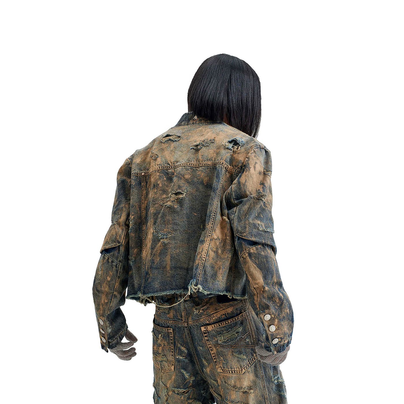 FACEONLAB Distressed Muddy Denim Jacket, premium urban and streetwear designers apparel on PROJECTISR.com, FACEONLAB