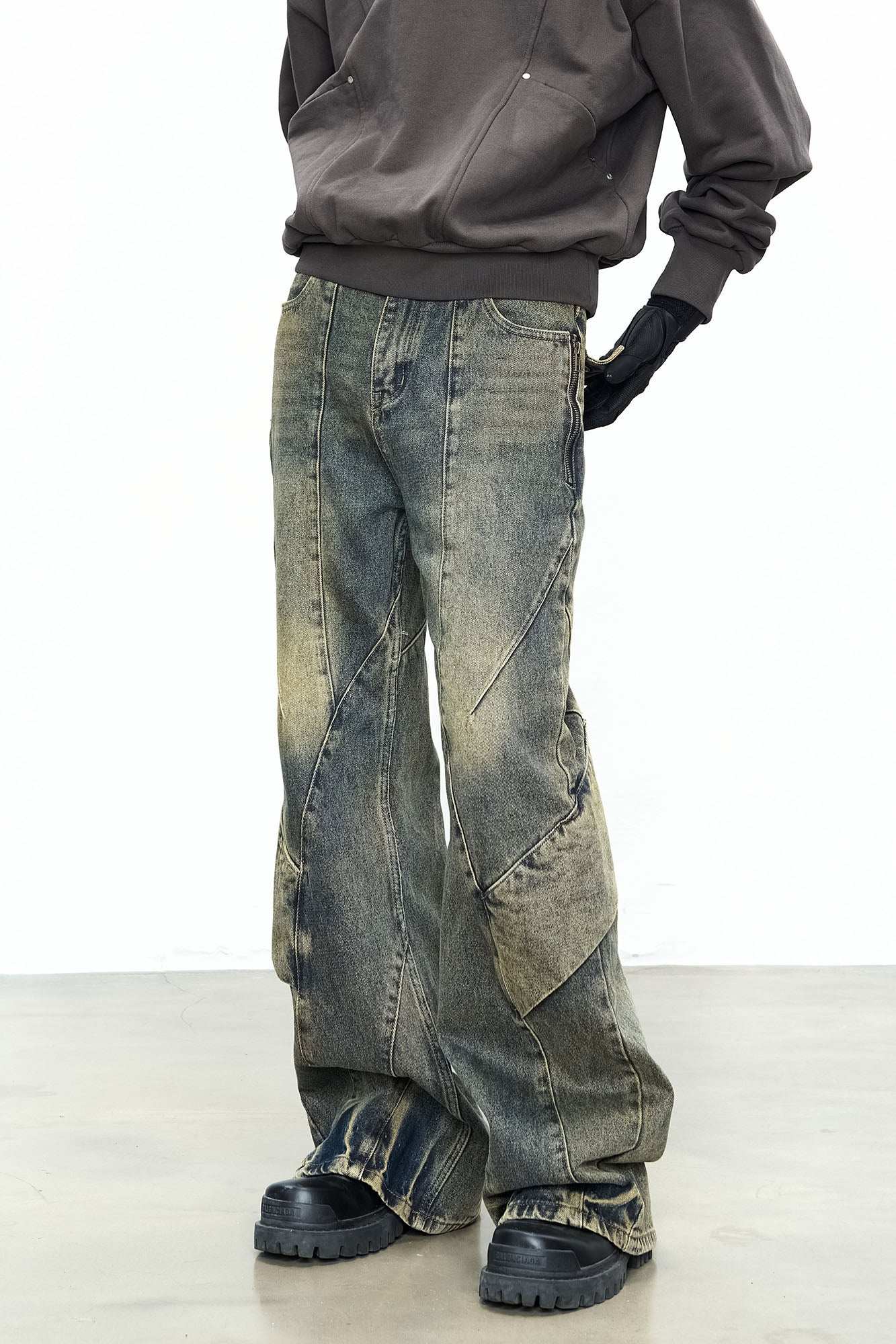 CATSSTAC Dirty Wash Paneled Wide-Leg Jeans, premium urban and streetwear designers apparel on PROJECTISR.com, CATSSTAC