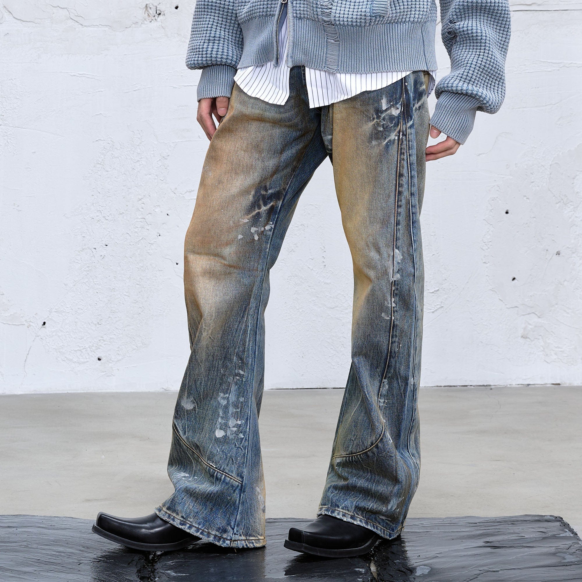 CATSSTAC Dirty Fit Distressed Curved Spliced Jeans, premium urban and streetwear designers apparel on PROJECTISR.com, CATSSTAC