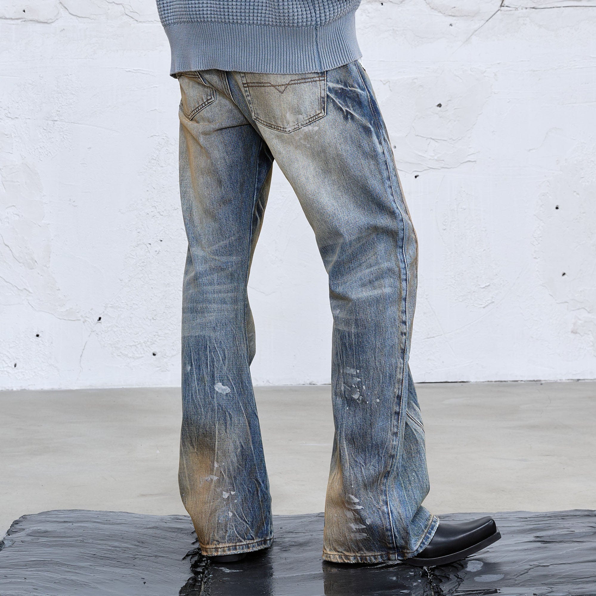 CATSSTAC Dirty Fit Distressed Curved Spliced Jeans, premium urban and streetwear designers apparel on PROJECTISR.com, CATSSTAC