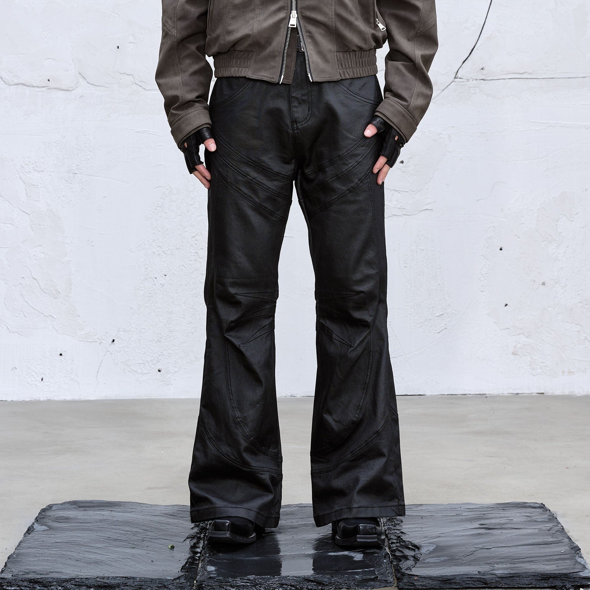 CATSSTAC Waxed Panelled Crinkled Jeans, premium urban and streetwear designers apparel on PROJECTISR.com, CATSSTAC