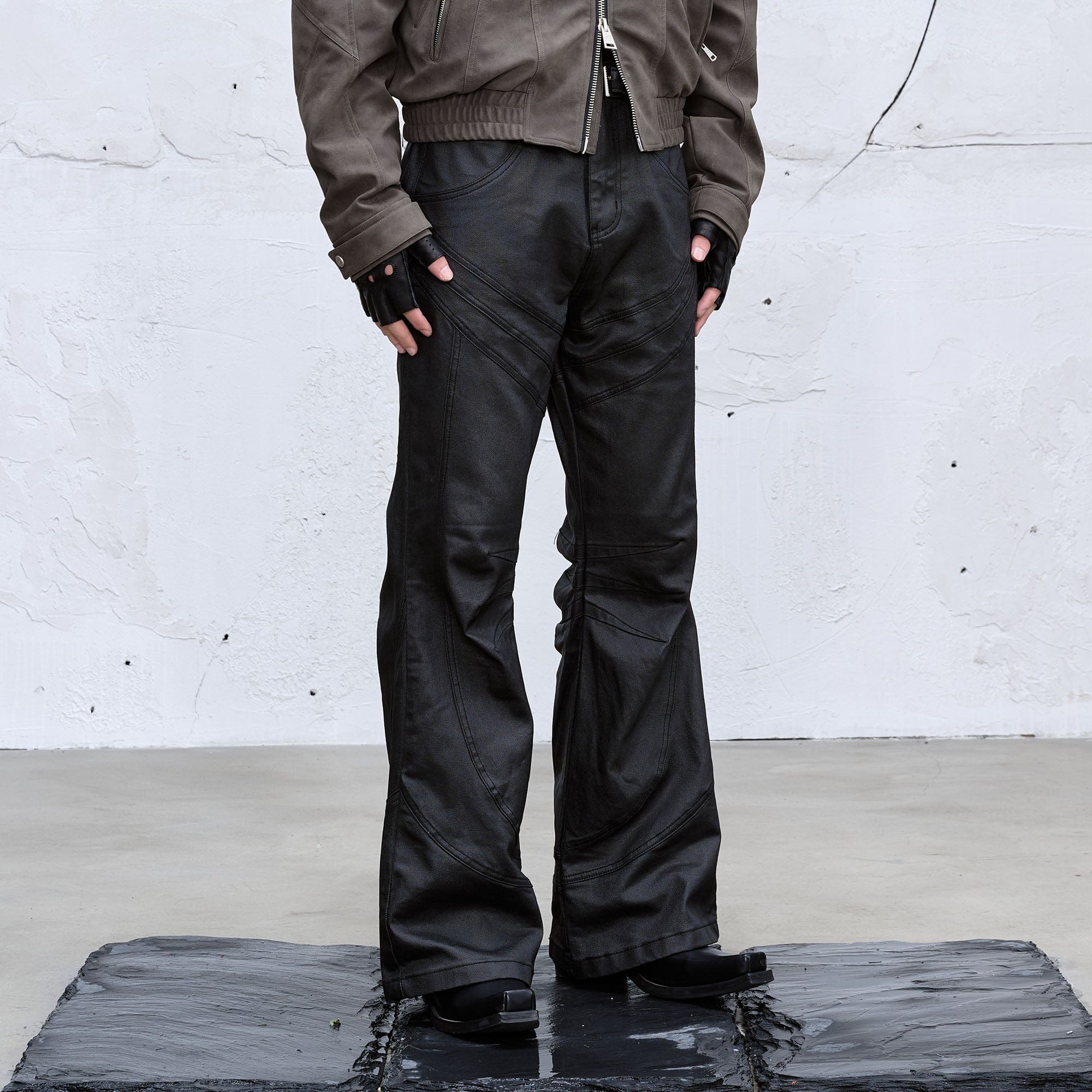 CATSSTAC Waxed Panelled Crinkled Jeans, premium urban and streetwear designers apparel on PROJECTISR.com, CATSSTAC