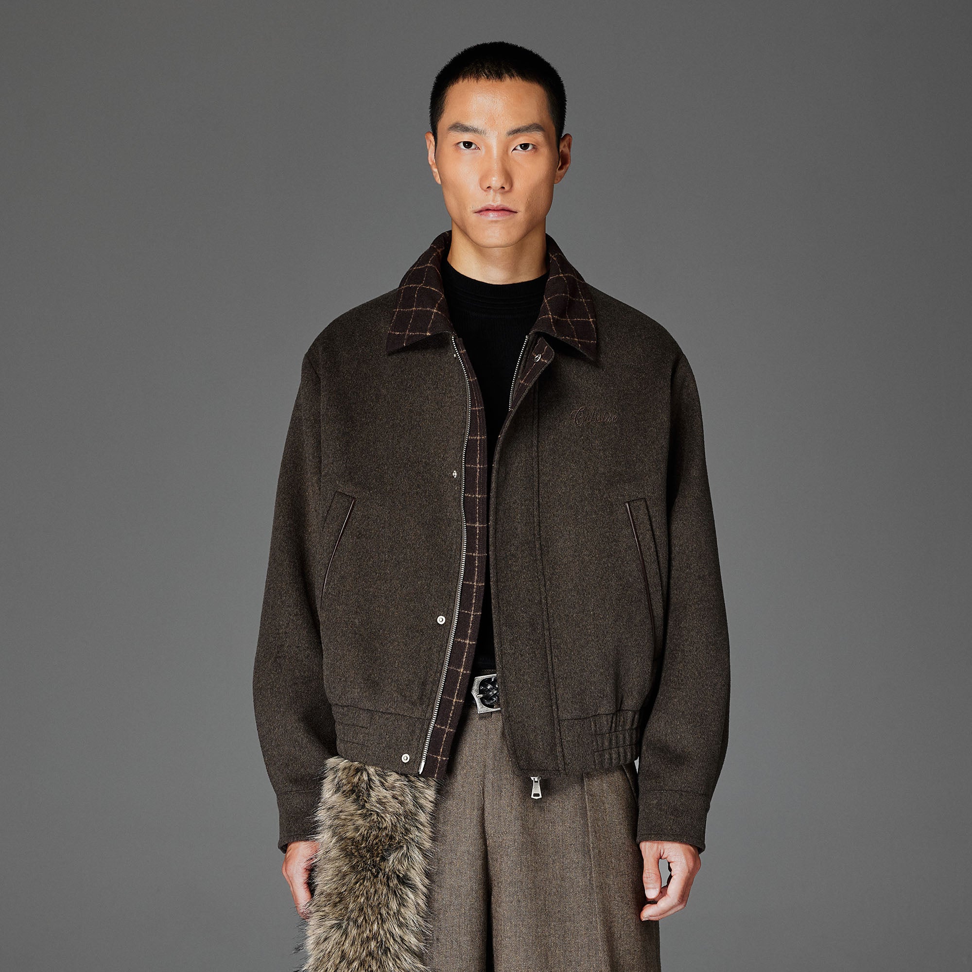 CATSSTAC Wool-Blend Plaid-Collar Bomber Jacket