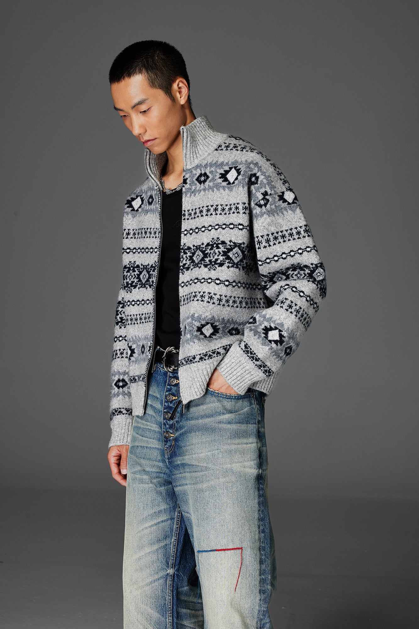 CATSSTAC Geometry Jacquard Zip-Up Cardigan