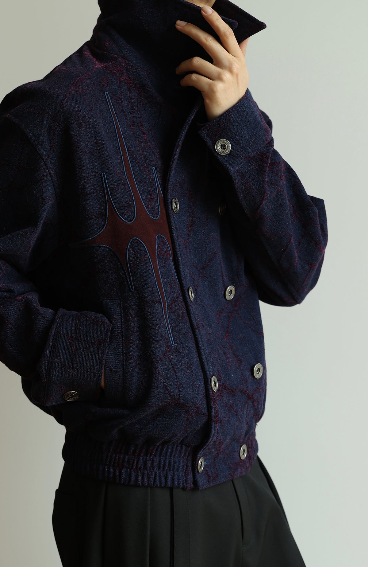 OKAYTHXBYE Flocked Suede Patchwork Crinkle-Denim Jacket