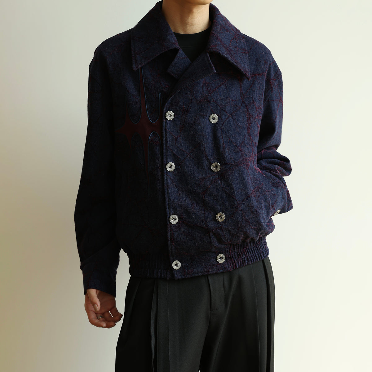 OKAYTHXBYE Flocked Suede Patchwork Crinkle-Denim Jacket