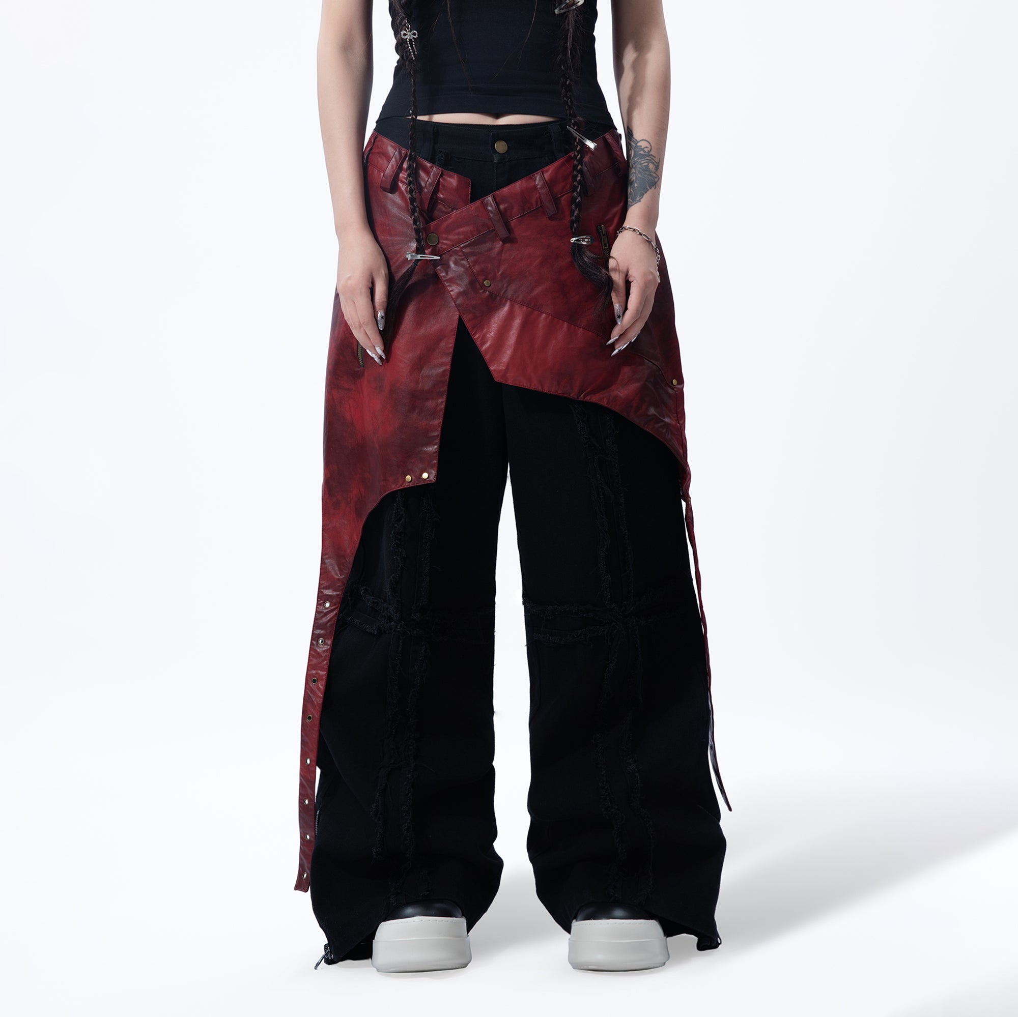 MOGONGSHE Detachable PU Drape  Frayed Cross Jeans