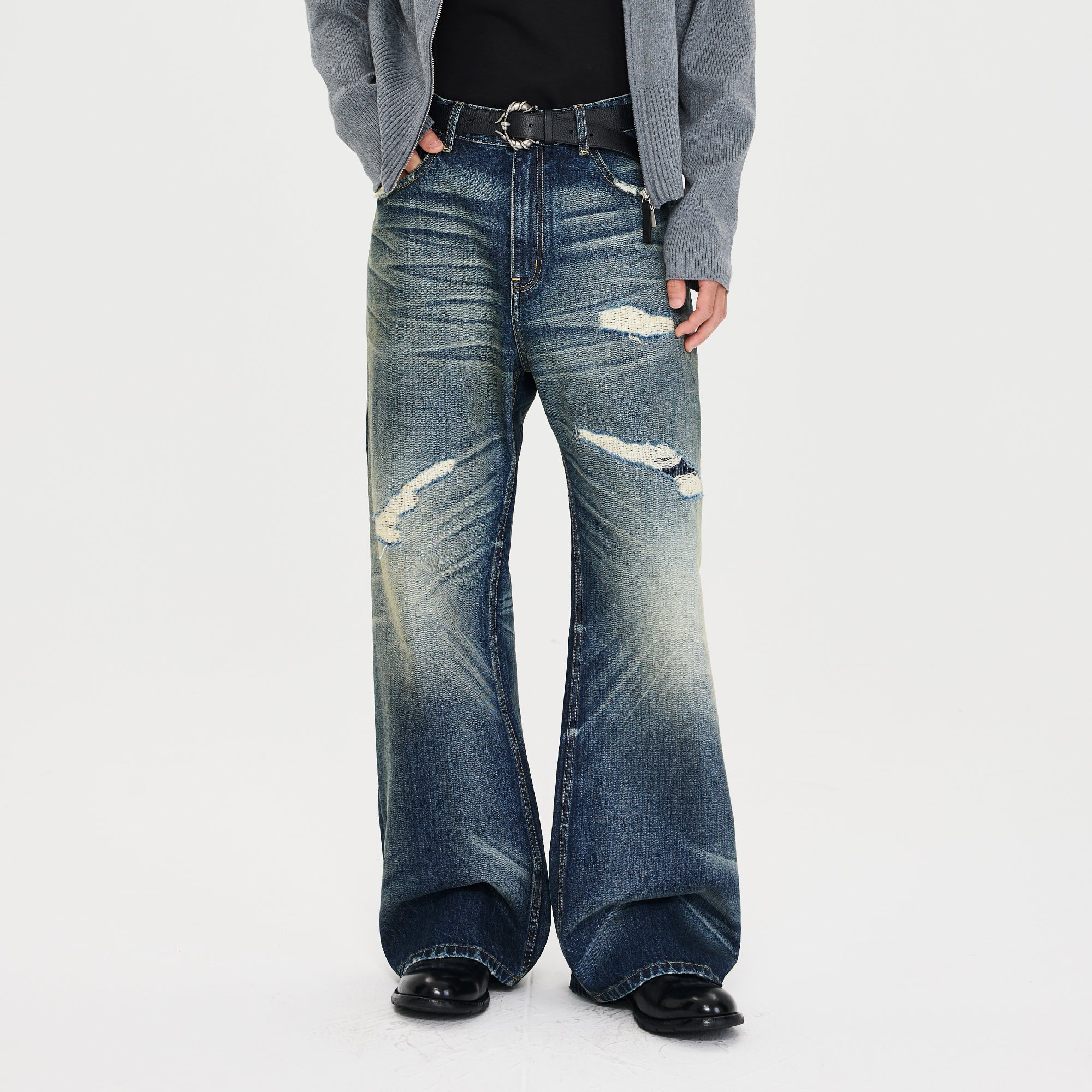 CATSSTAC Distressed Wrinkled Washed Wide-Leg Jeans, premium urban and streetwear designers apparel on PROJECTISR.com, CATSSTAC