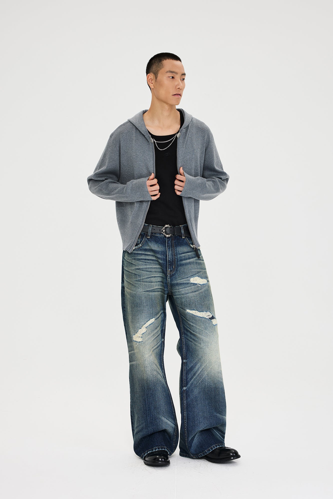 CATSSTAC Distressed Wrinkled Washed Wide-Leg Jeans, premium urban and streetwear designers apparel on PROJECTISR.com, CATSSTAC