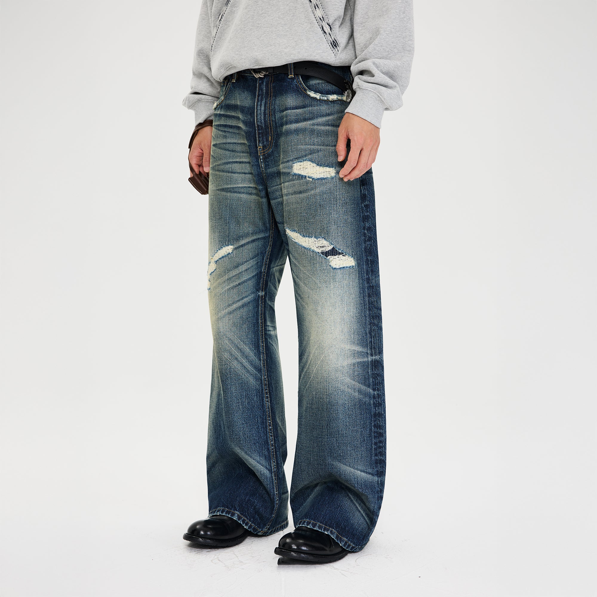 CATSSTAC Distressed Wrinkled Washed Wide-Leg Jeans, premium urban and streetwear designers apparel on PROJECTISR.com, CATSSTAC
