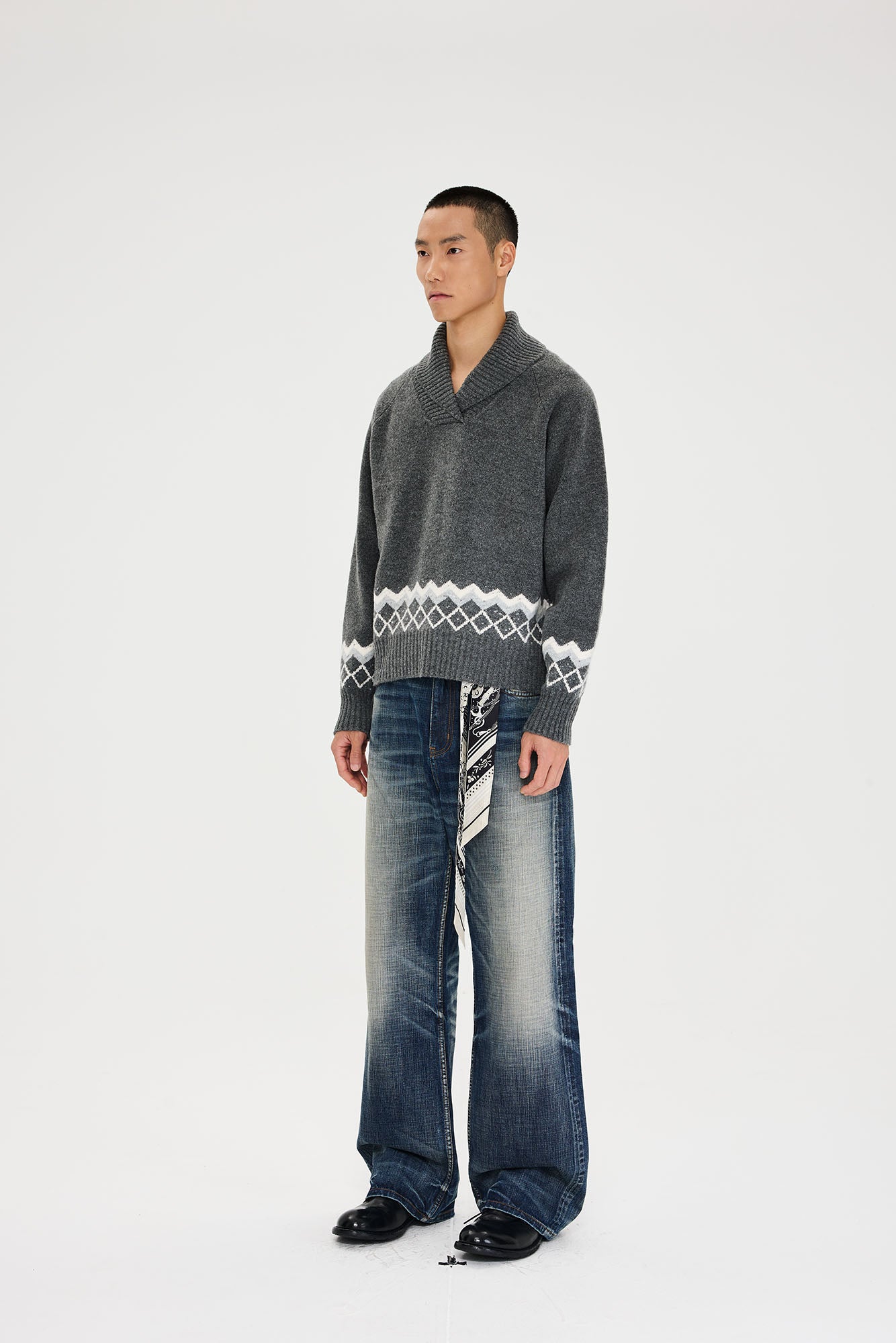 CATSSTAC Nordic Pattern Hem Shawl Collar Sweater, premium urban and streetwear designers apparel on PROJECTISR.com, CATSSTAC
