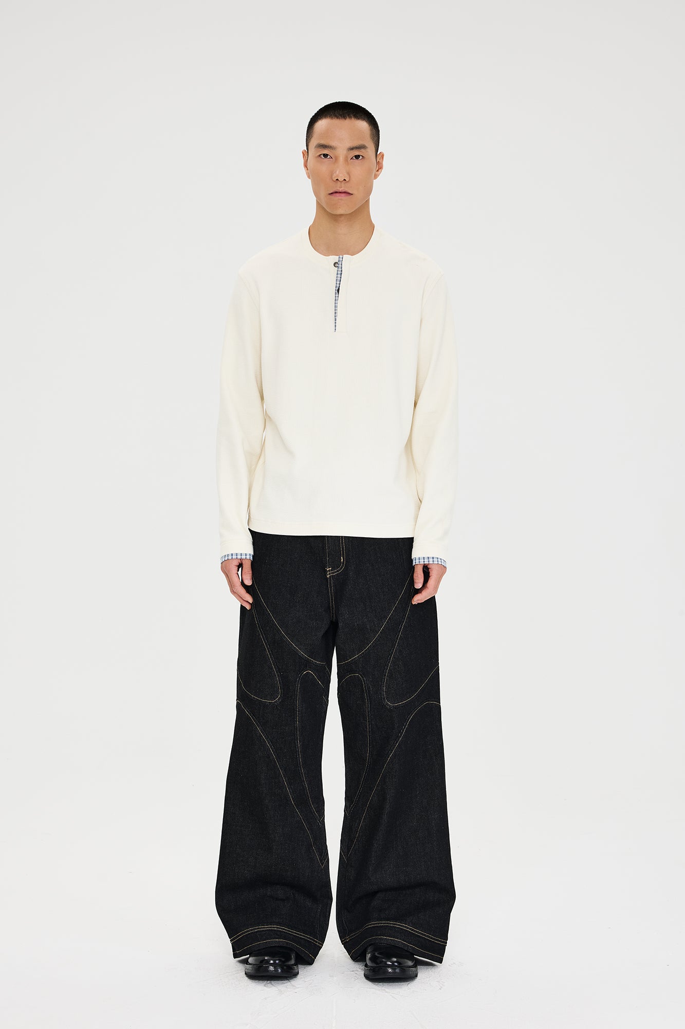 CATSSTAC Contrast Stitch Paneled Raw Jeans