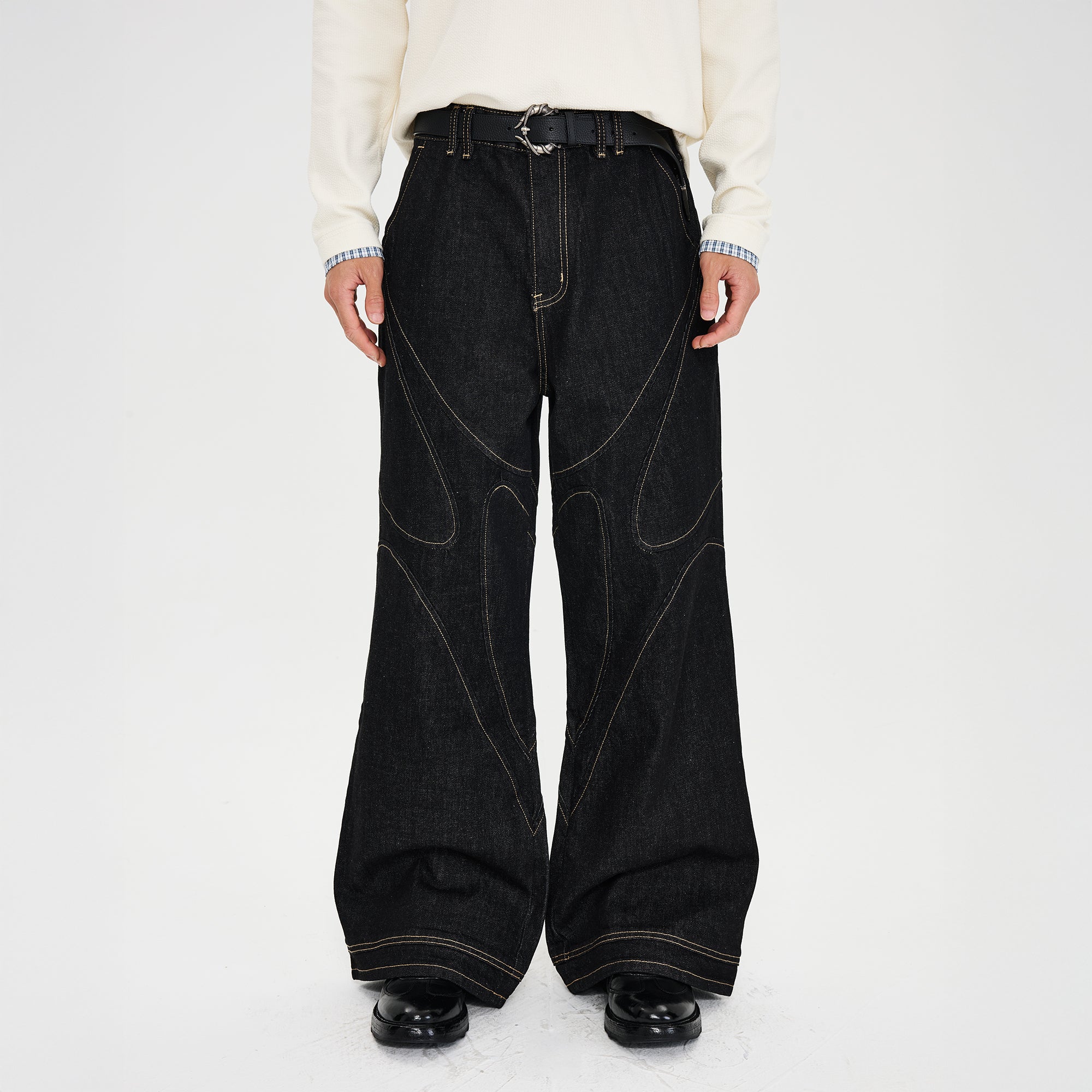 CATSSTAC Contrast Stitch Paneled Raw Jeans