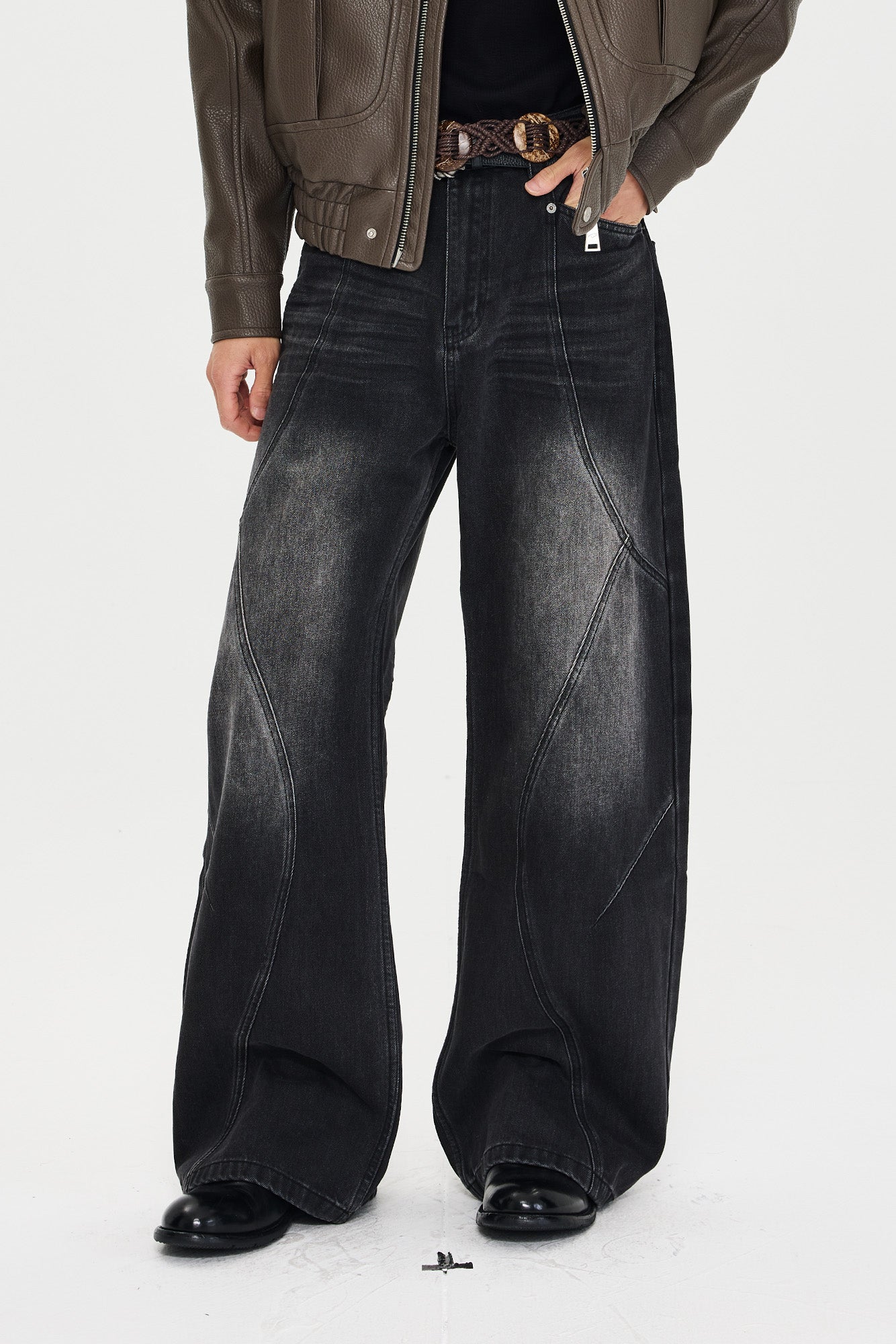 CATSSTAC Whisker-Washed Panel Wide-Leg Jeans, premium urban and streetwear designers apparel on PROJECTISR.com, CATSSTAC