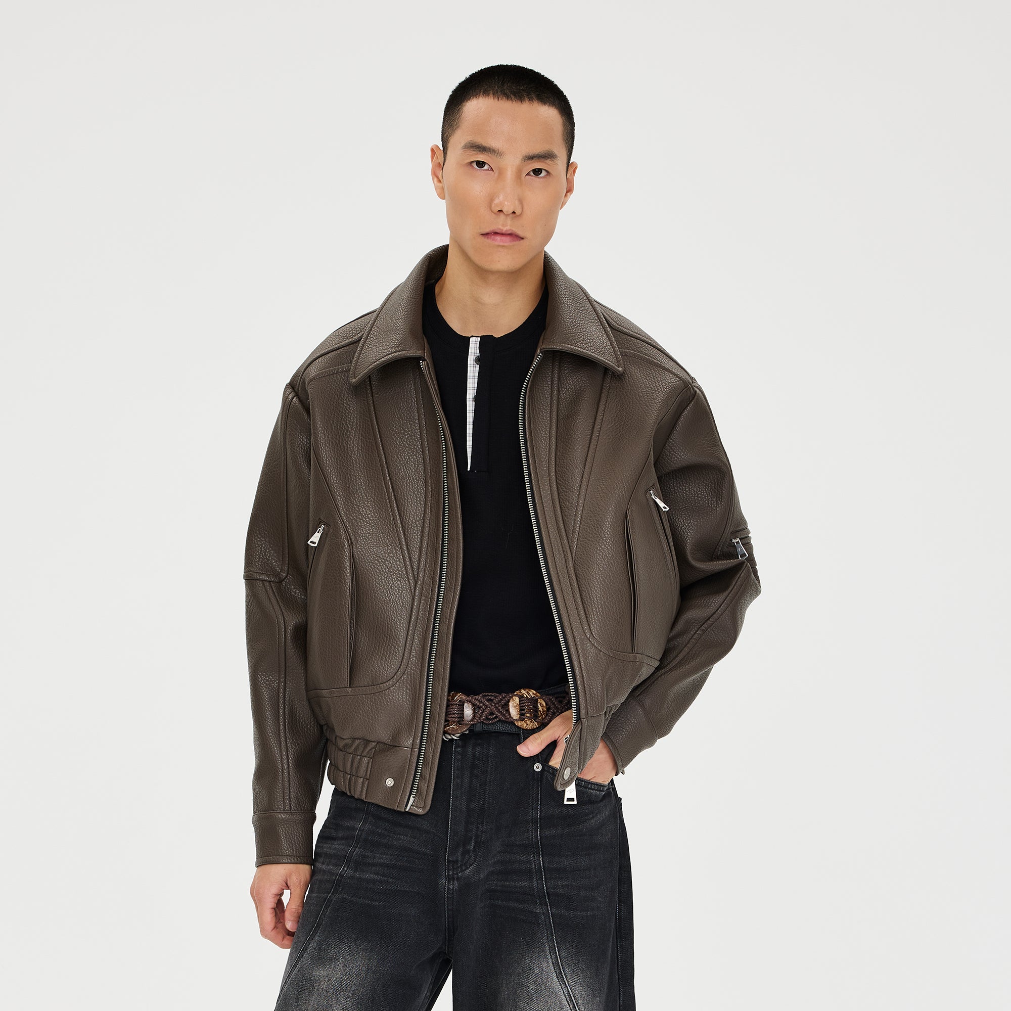 CATSSTAC Paneled Grain PU Utility Jacket, premium urban and streetwear designers apparel on PROJECTISR.com, CATSSTAC