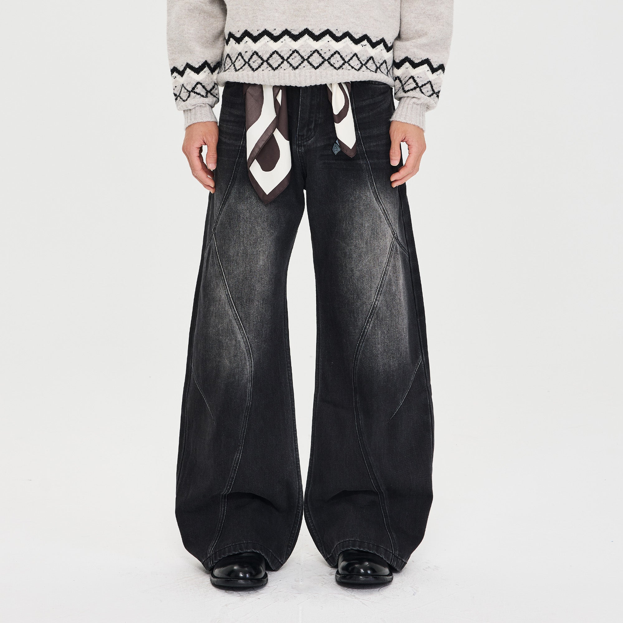 CATSSTAC Whisker-Washed Panel Wide-Leg Jeans, premium urban and streetwear designers apparel on PROJECTISR.com, CATSSTAC