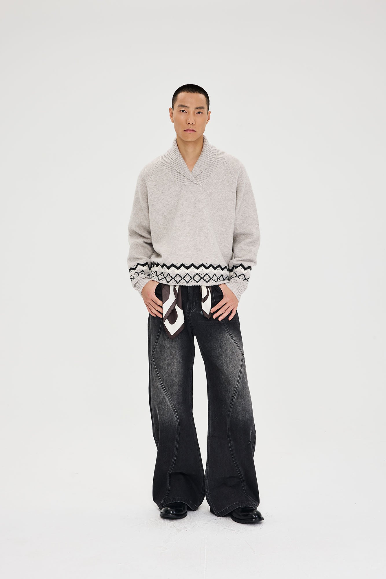 CATSSTAC Nordic Pattern Hem Shawl Collar Sweater, premium urban and streetwear designers apparel on PROJECTISR.com, CATSSTAC