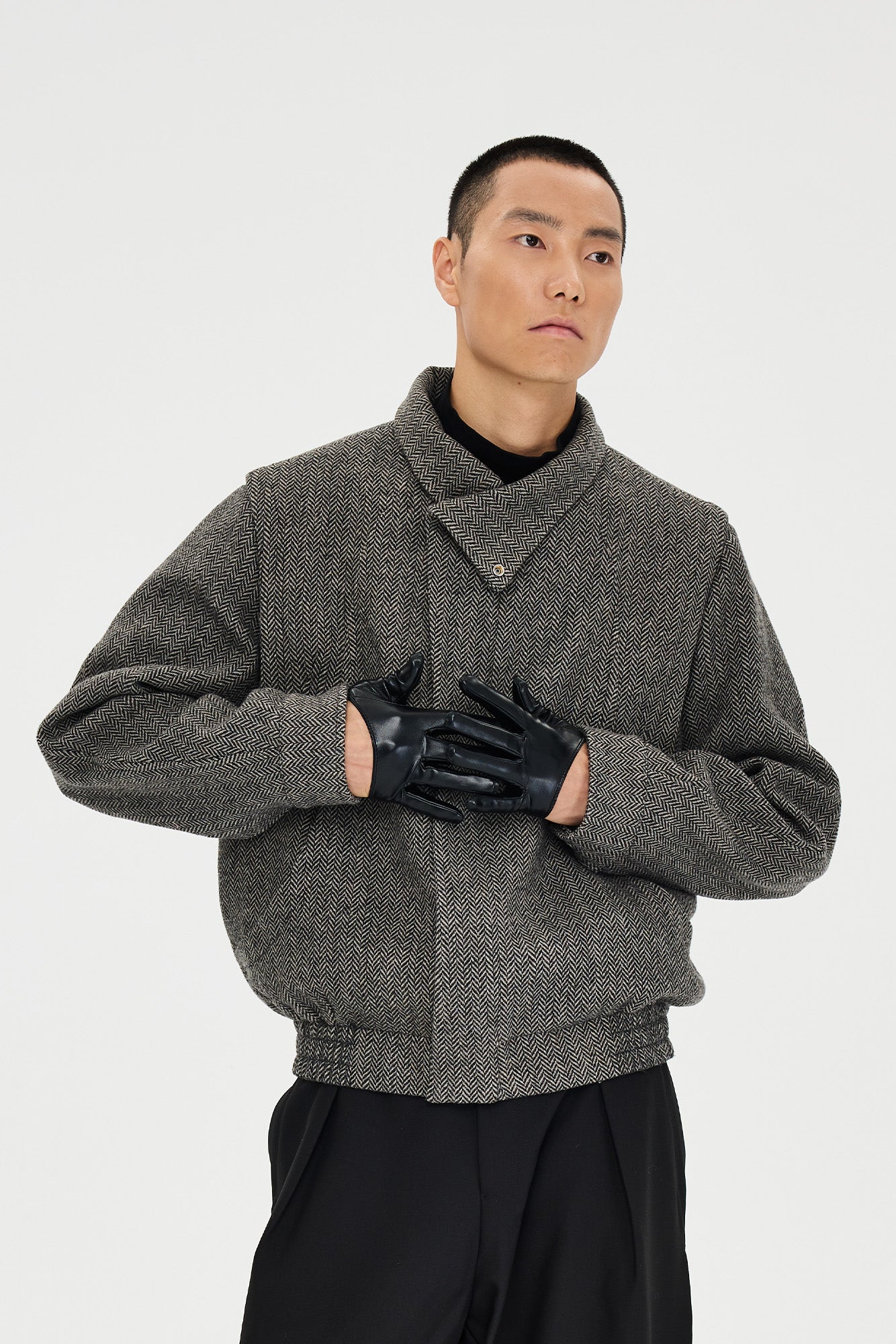 CATSSTAC Herringbone Wool-Blend  Stand Collar Jacket, premium urban and streetwear designers apparel on PROJECTISR.com, CATSSTAC
