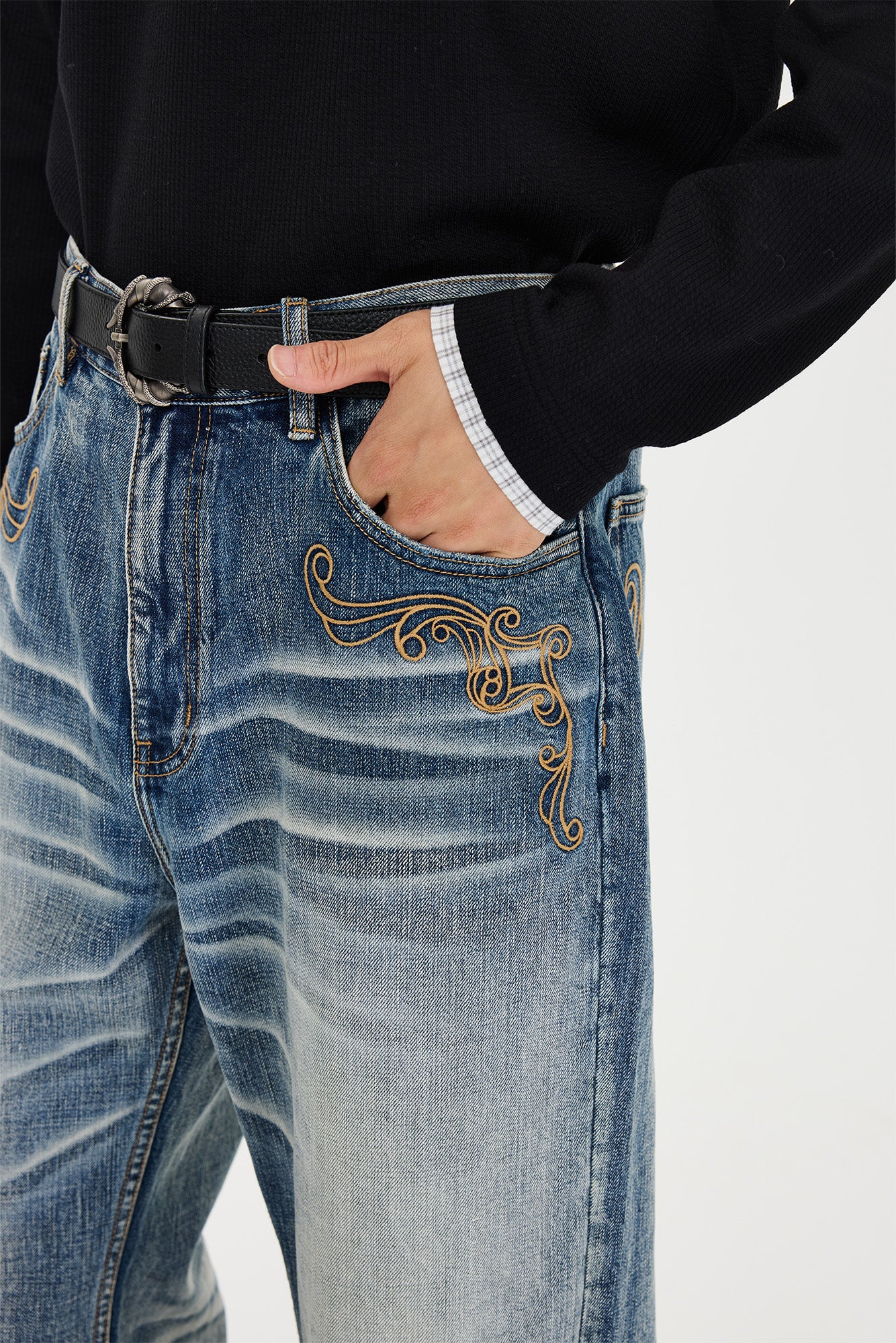 CATSSTAC Vine Scroll Embroidery Whisker-Washed Straight-Leg Jeans, premium urban and streetwear designers apparel on PROJECTISR.com, CATSSTAC