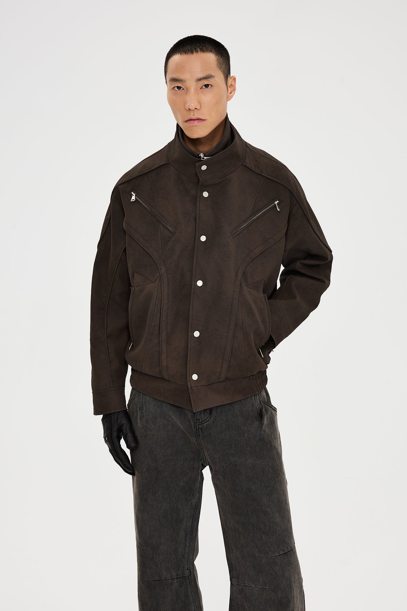 CATSSTAC Layered Placket Structured Paneled PU Jacket