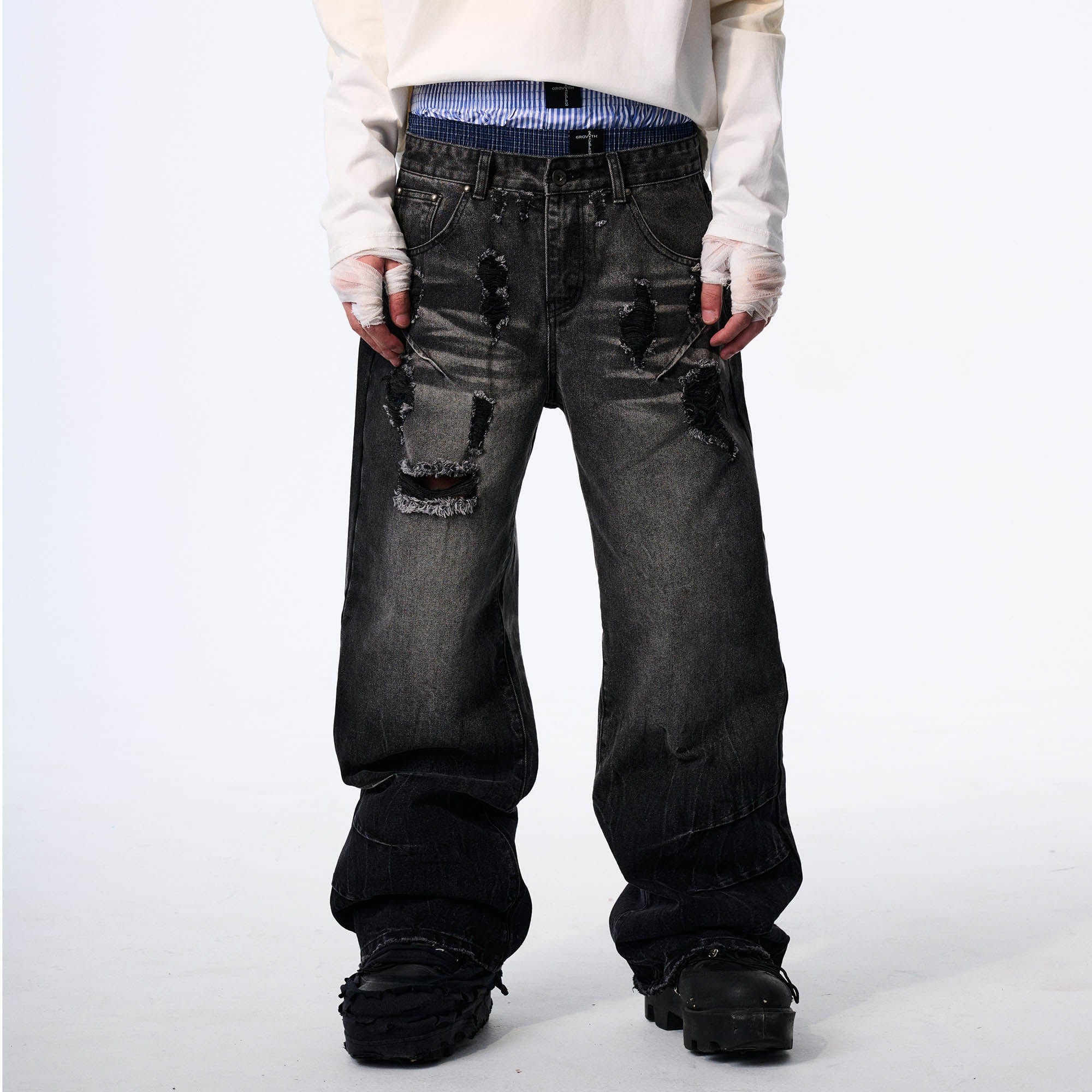 SAVAGEGROWTHWORLD Retro Washed Ripped Baggy Jeans