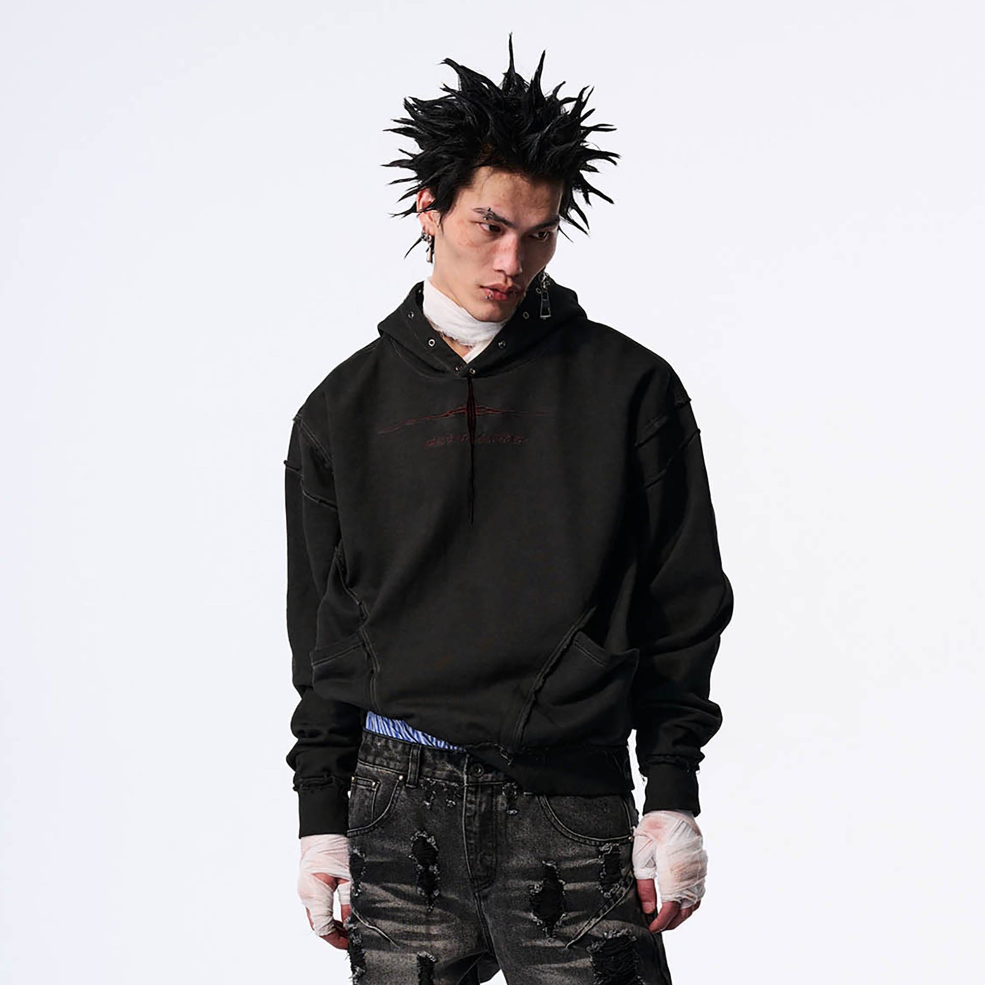 SAVAGEGROWTHWORLD Distressed Spliced Reversible Cross-Stitch Hoodie