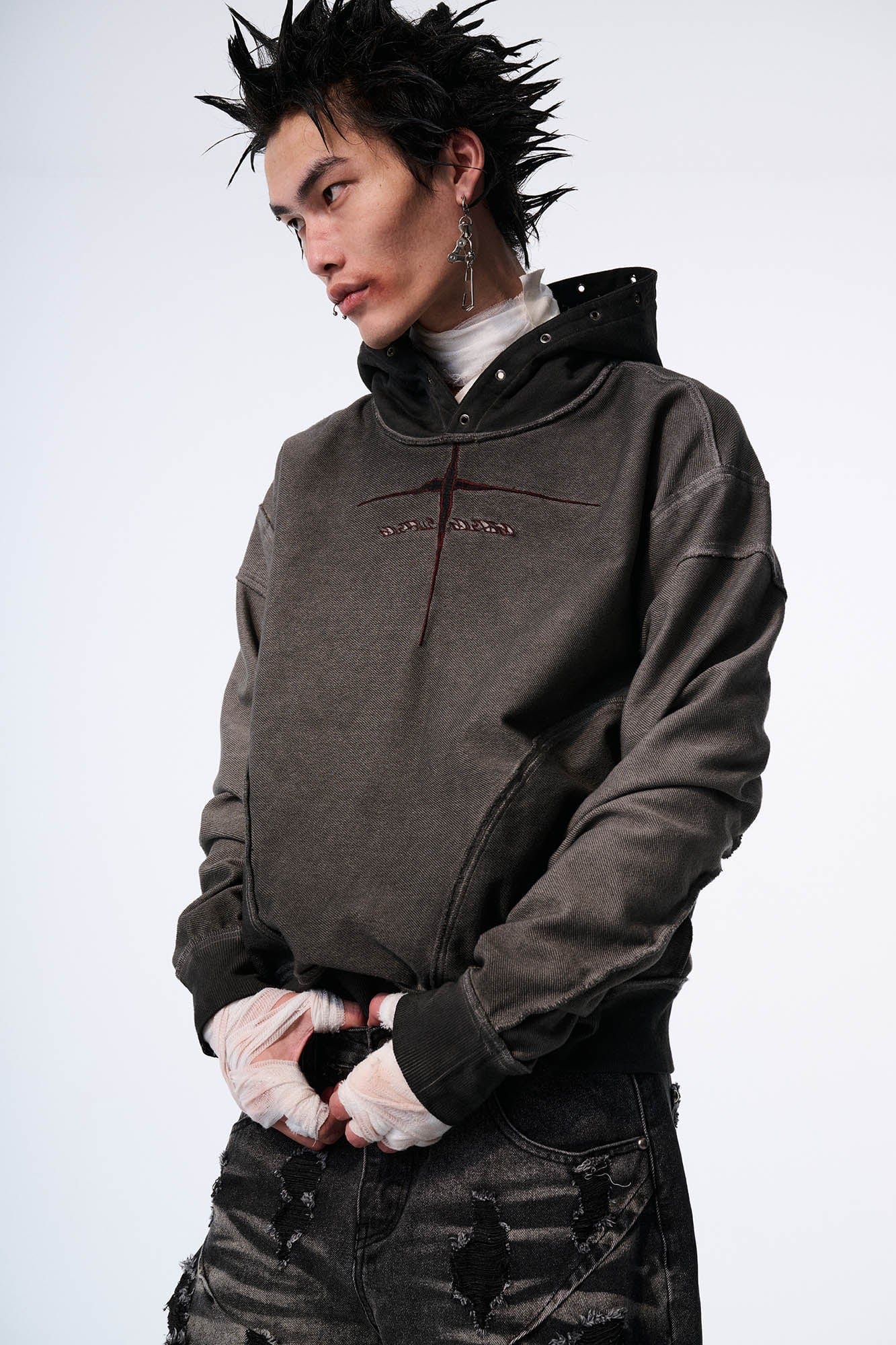 SAVAGEGROWTHWORLD Distressed Spliced Reversible Cross-Stitch Hoodie