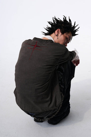 SAVAGEGROWTHWORLD Distressed Cross-Stitched Henley Shirt