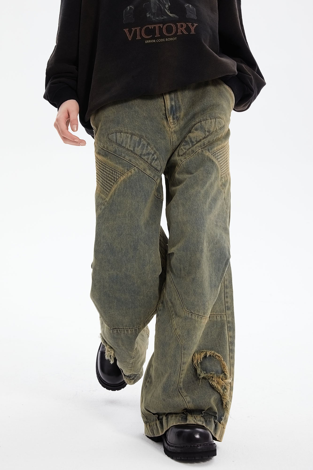 ERROR CODE ROBOT Heavy Wash Paneled Straight-Leg Jeans, premium urban and streetwear designers apparel on PROJECTISR.com, ERROR CODE ROBOT
