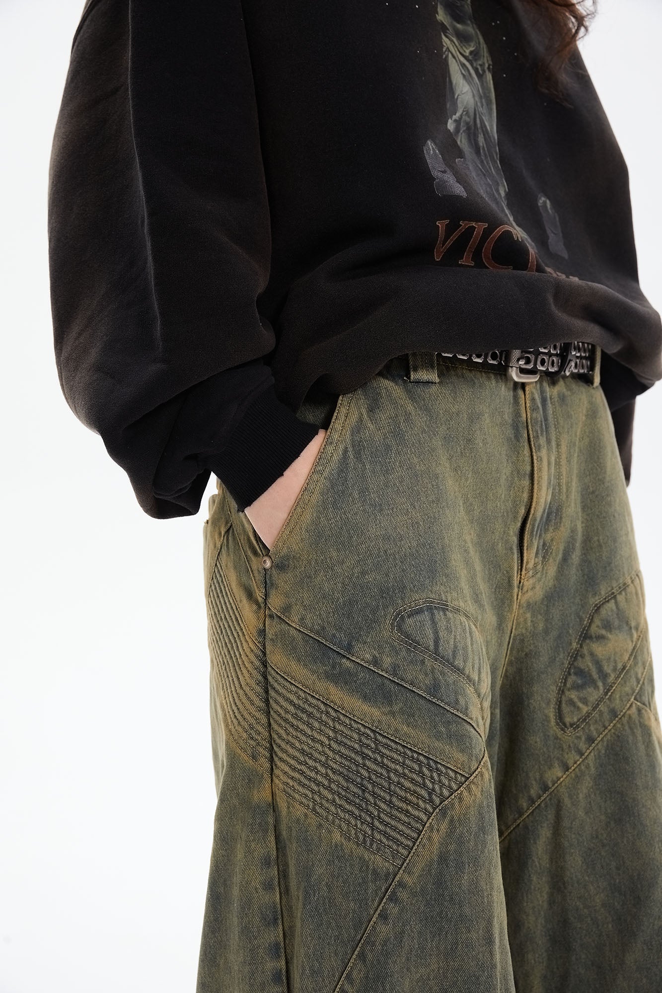 ERROR CODE ROBOT Heavy Wash Paneled Straight-Leg Jeans, premium urban and streetwear designers apparel on PROJECTISR.com, ERROR CODE ROBOT