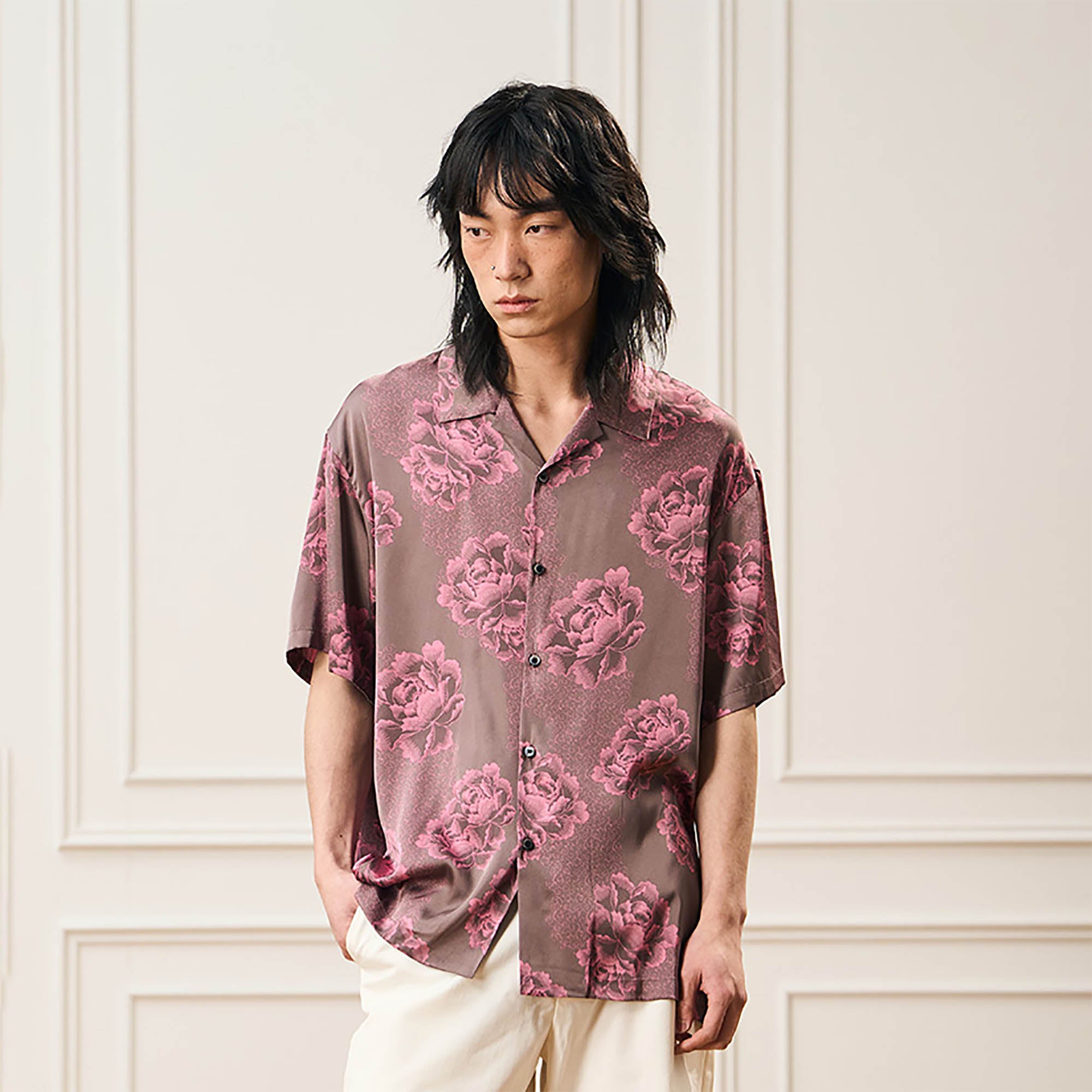 EPIC POETRY Floral Satin Cuban Half Shirt