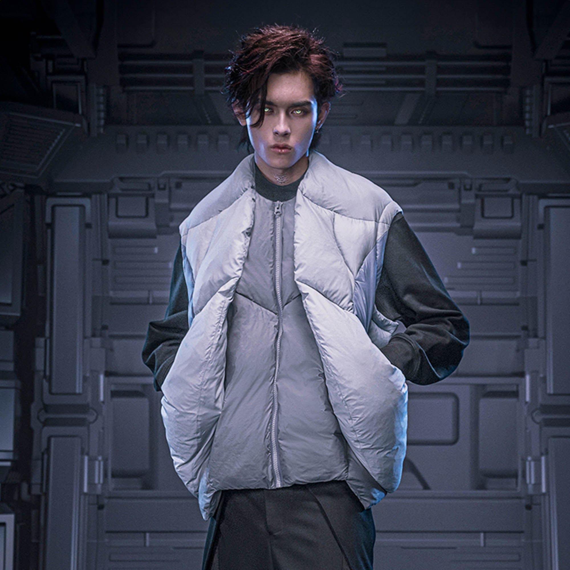 XIPHEVIL Exoskeleton Detachable-Sleeve Paneled Puffer Jacket