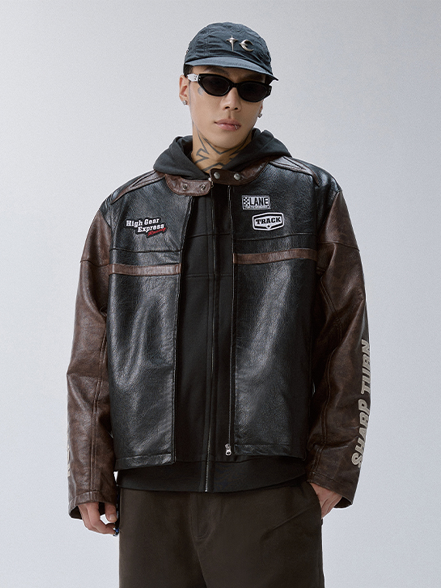 F2CE Retro Embroidered Patch PU Moto Jacket