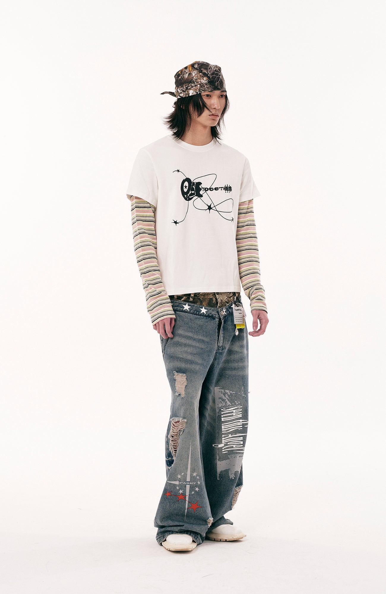 PASET Double Waist Camo Panel Distressed Jeans
