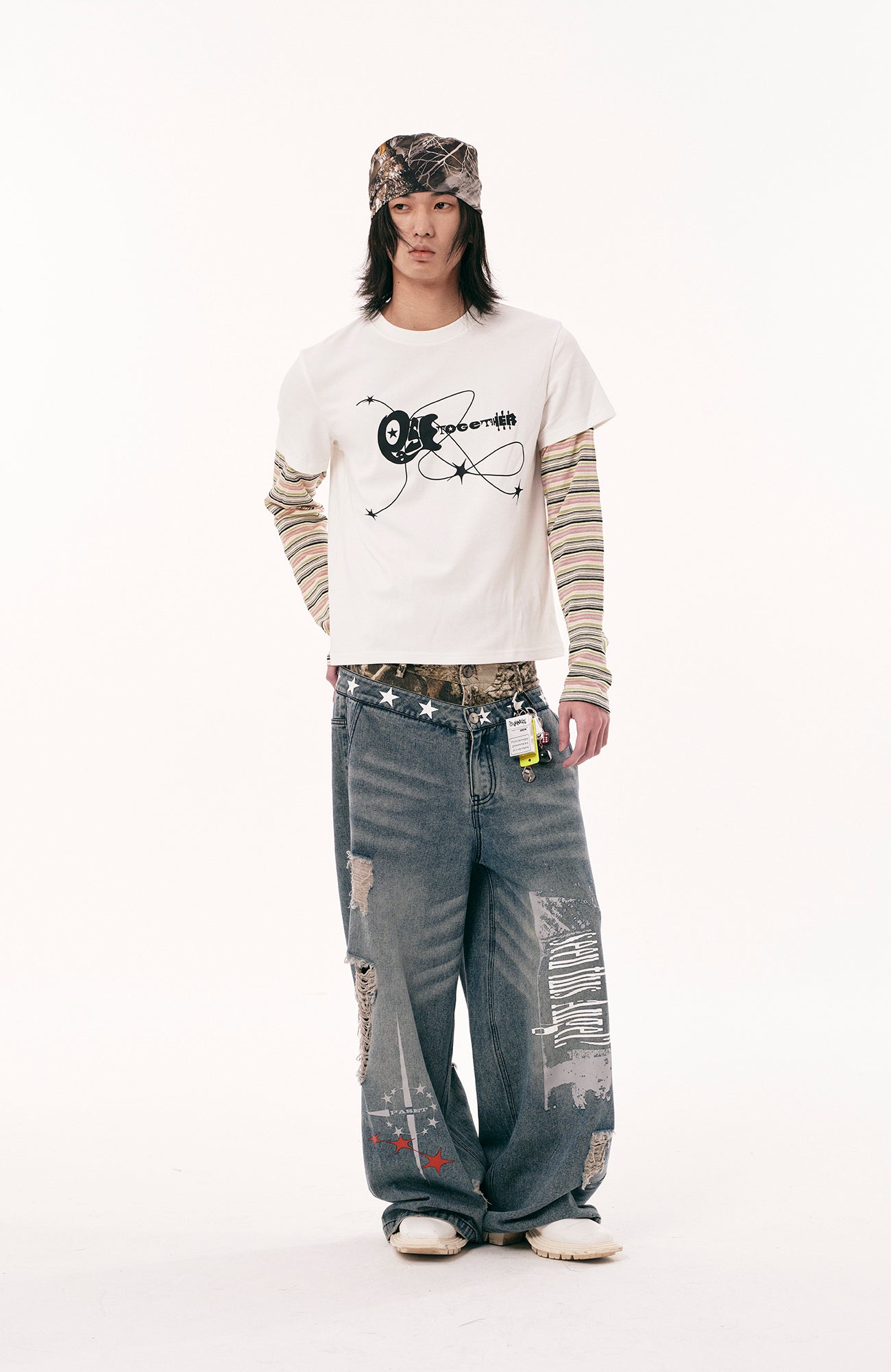 PASET Double Waist Camo Panel Distressed Jeans