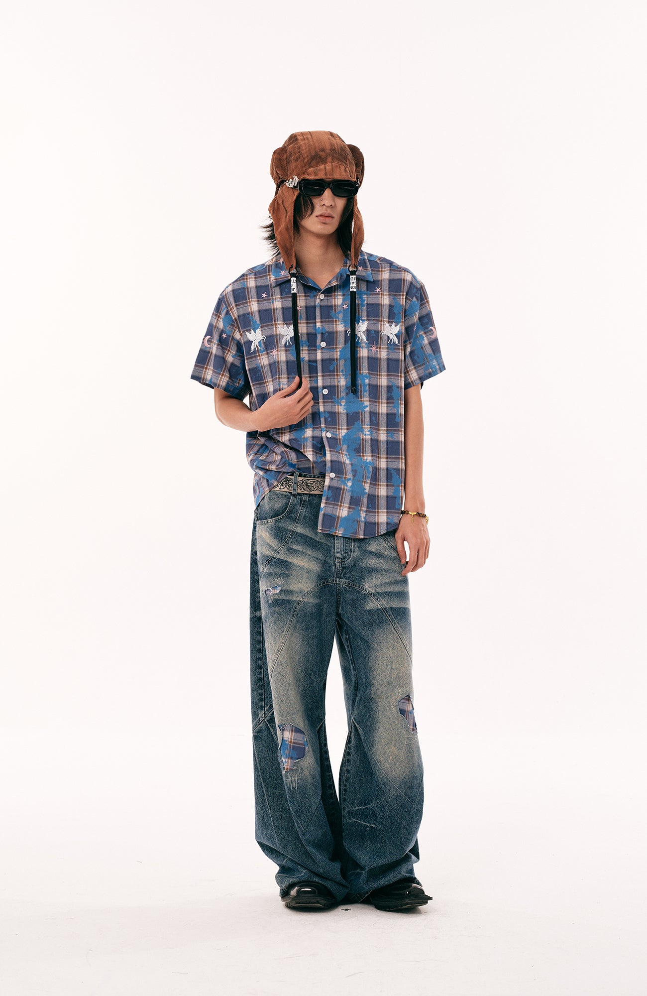 PASET Plaid Patch Distressed Wide-Leg Jeans