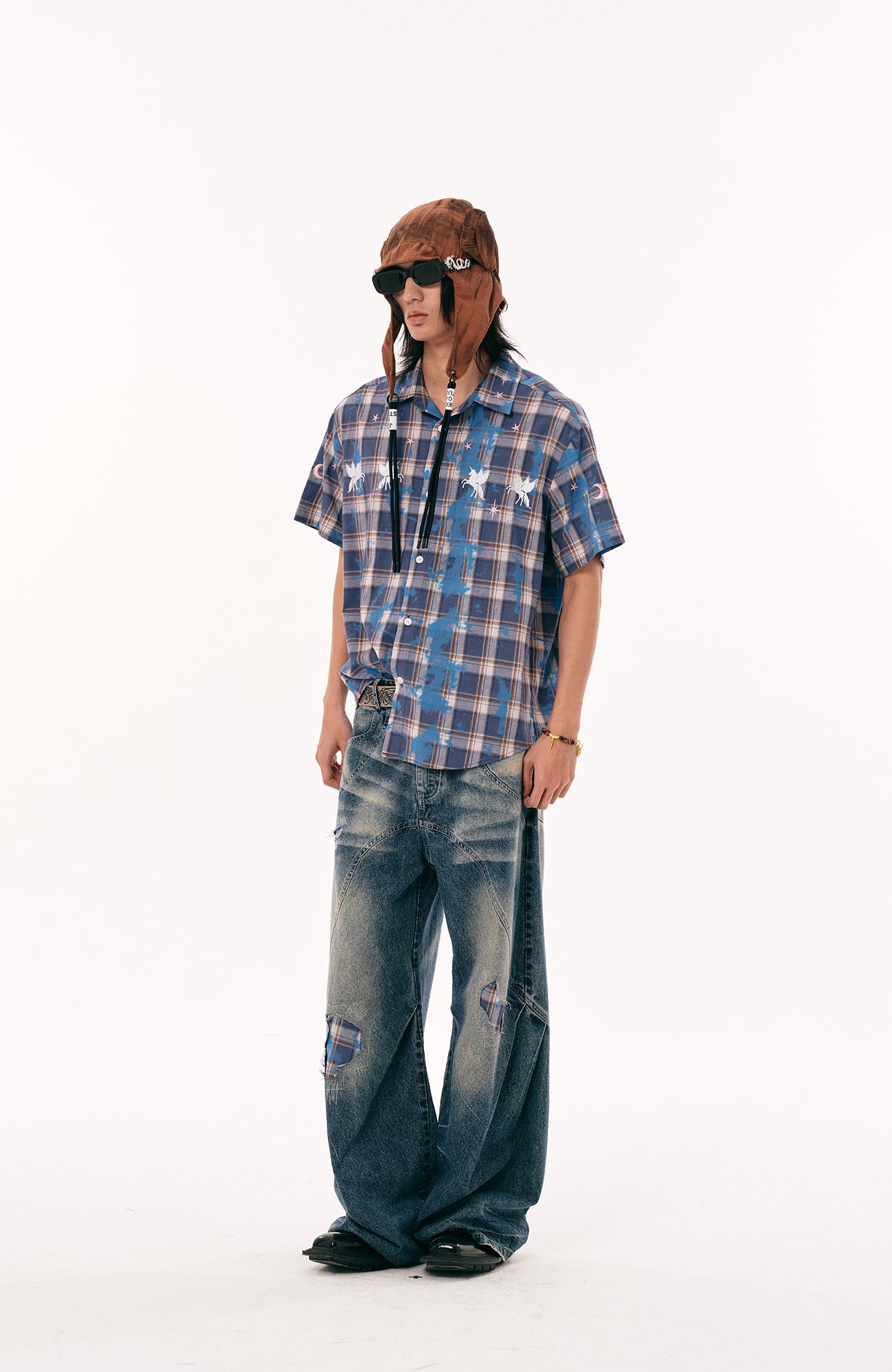 PASET Plaid Patch Distressed Wide-Leg Jeans