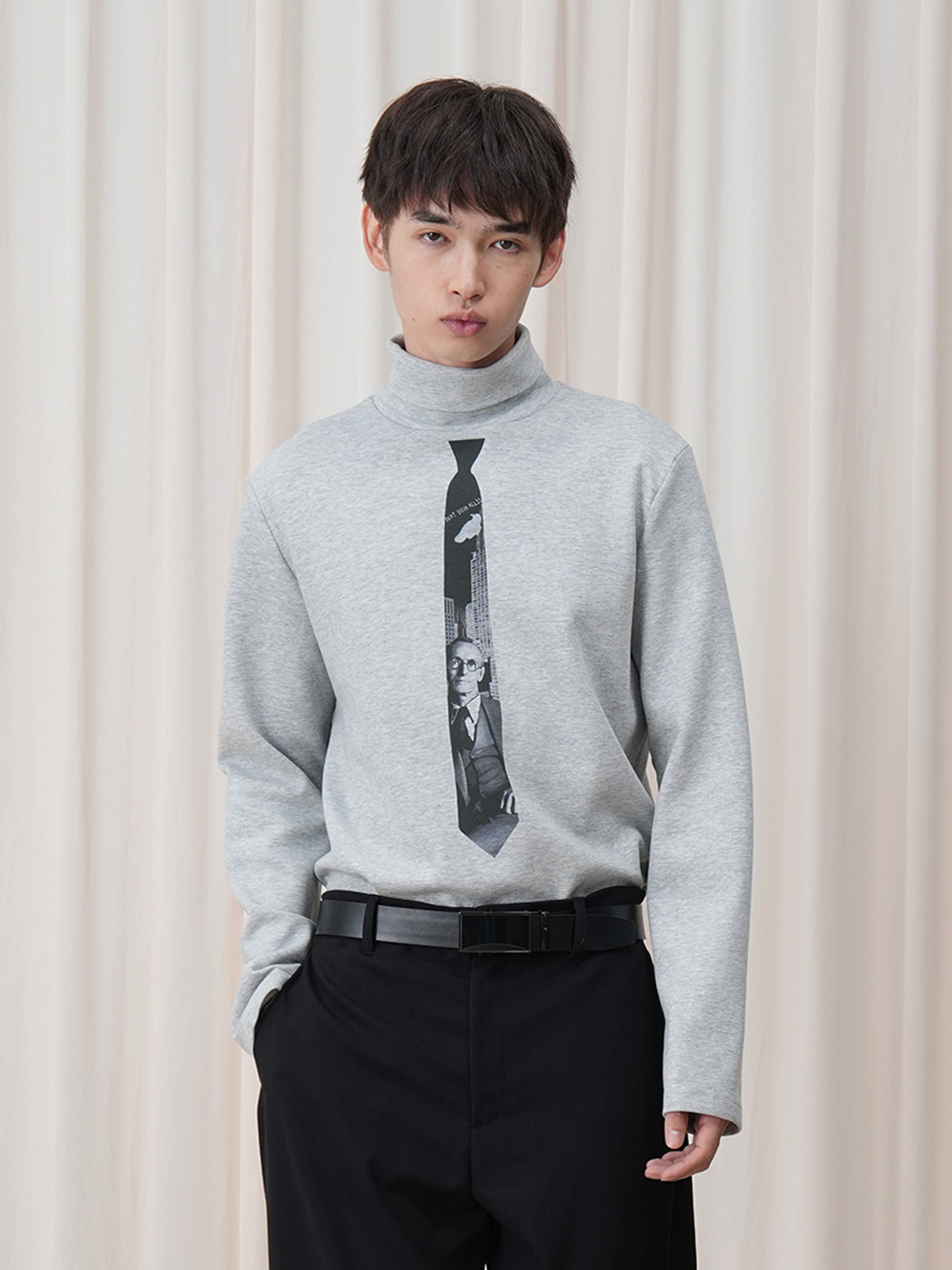 OUYANG WENJUN Tie-Graphic Turtleneck Long-Sleeve Tee
