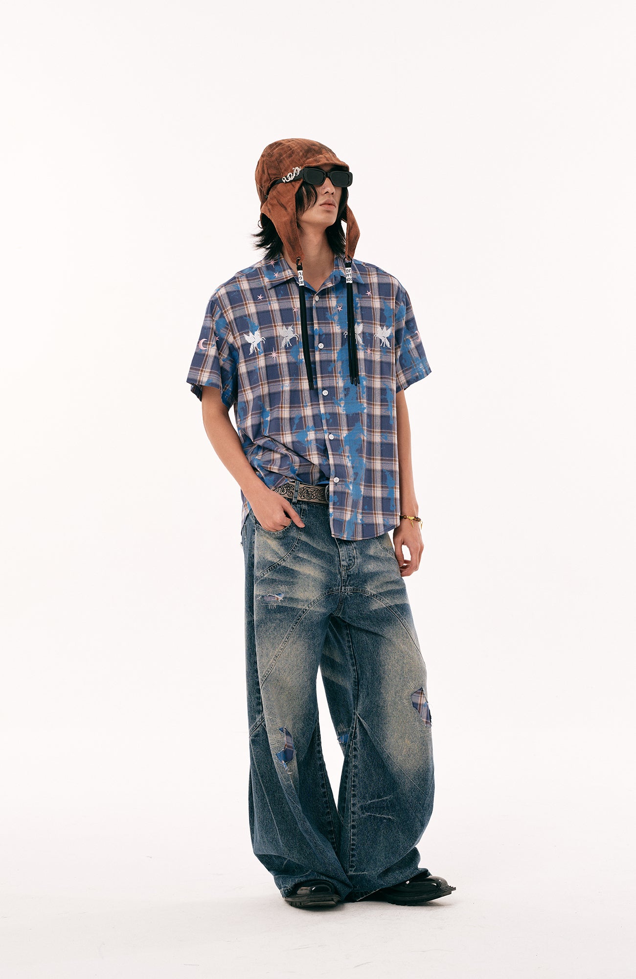 PASET Unicorn Embroidered Plaid Half Shirt