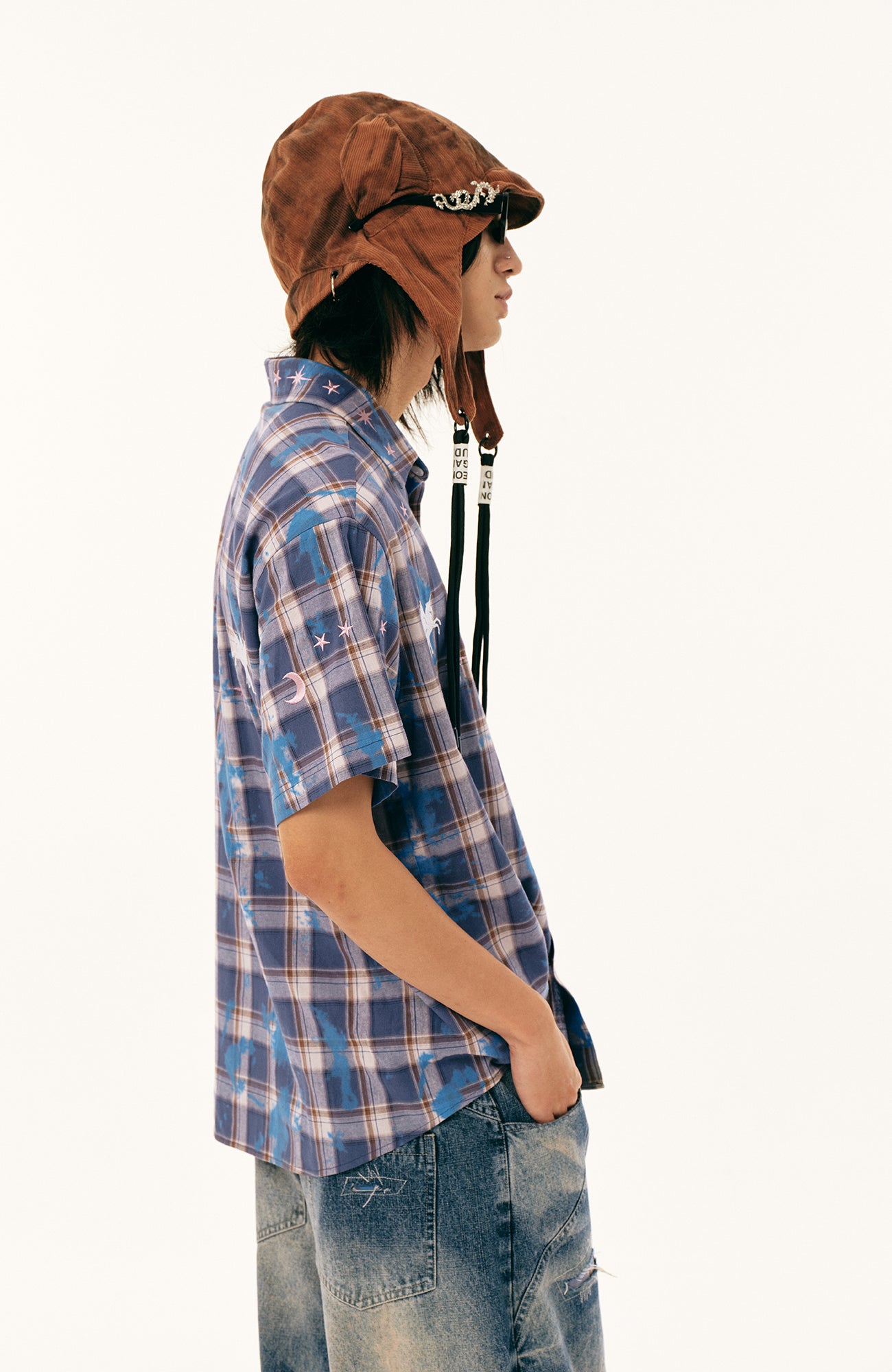 PASET Unicorn Embroidered Plaid Half Shirt