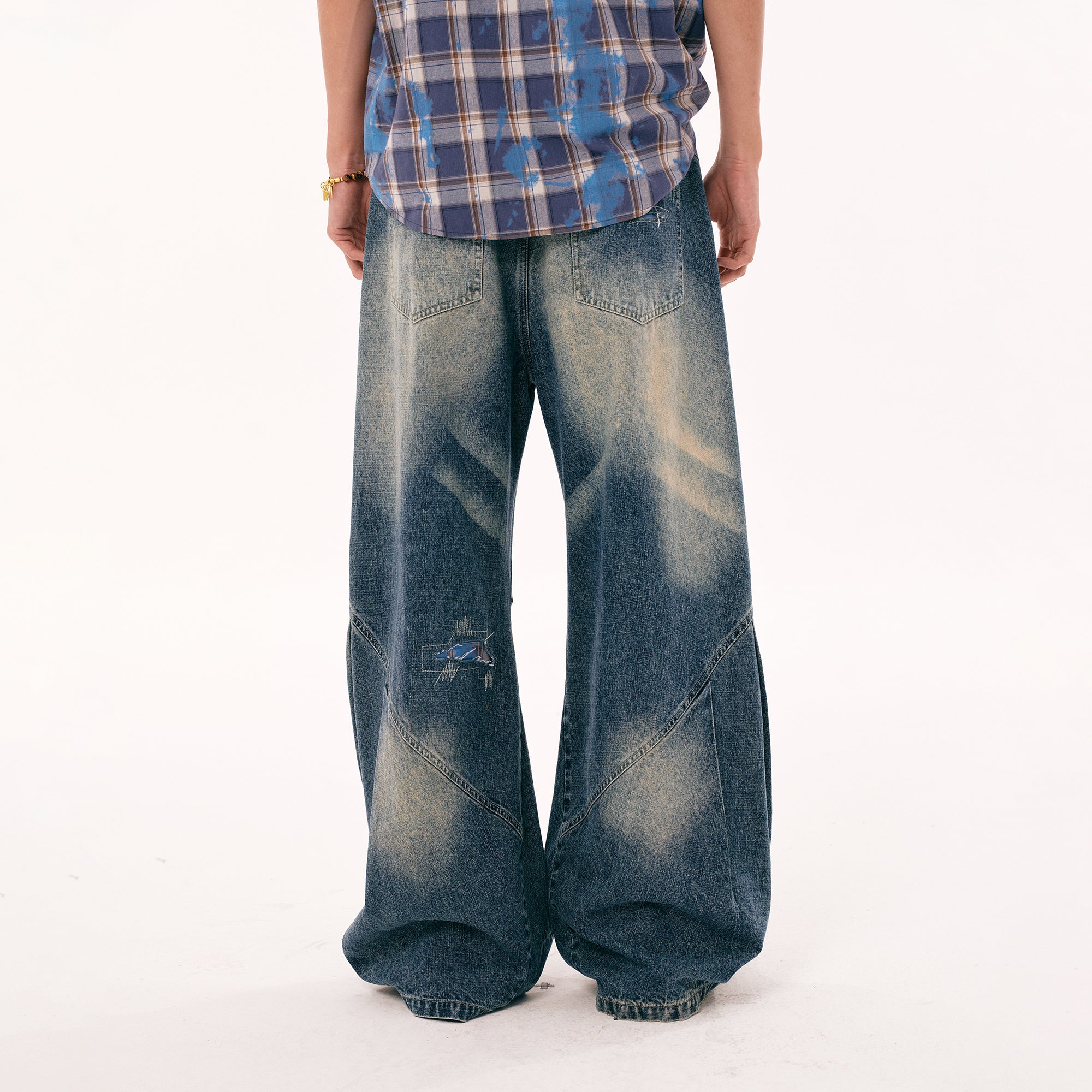 PASET Plaid Patch Distressed Wide-Leg Jeans