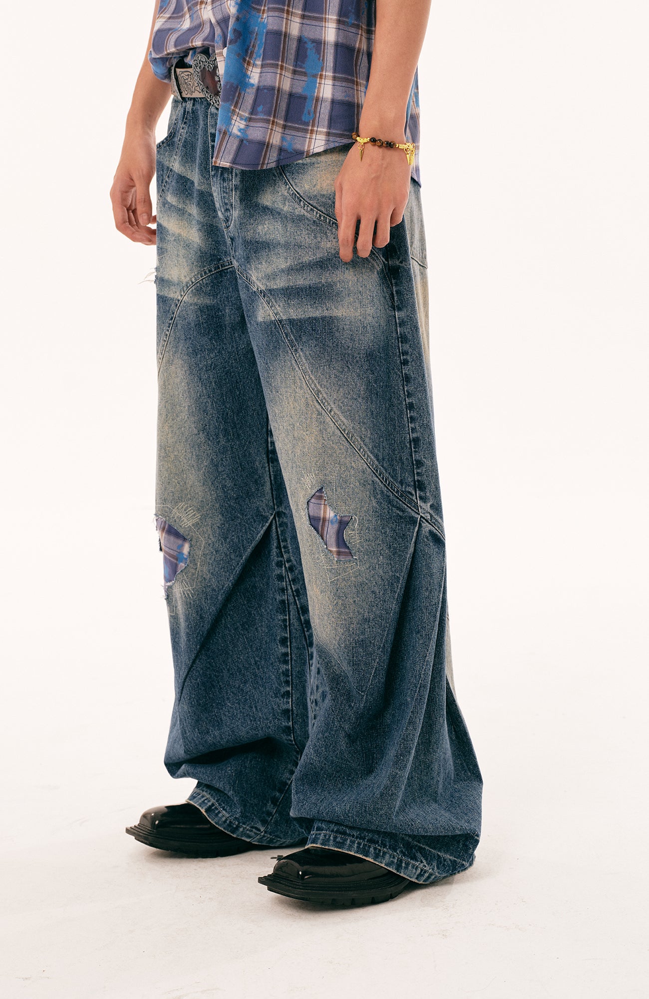 PASET Plaid Patch Distressed Wide-Leg Jeans